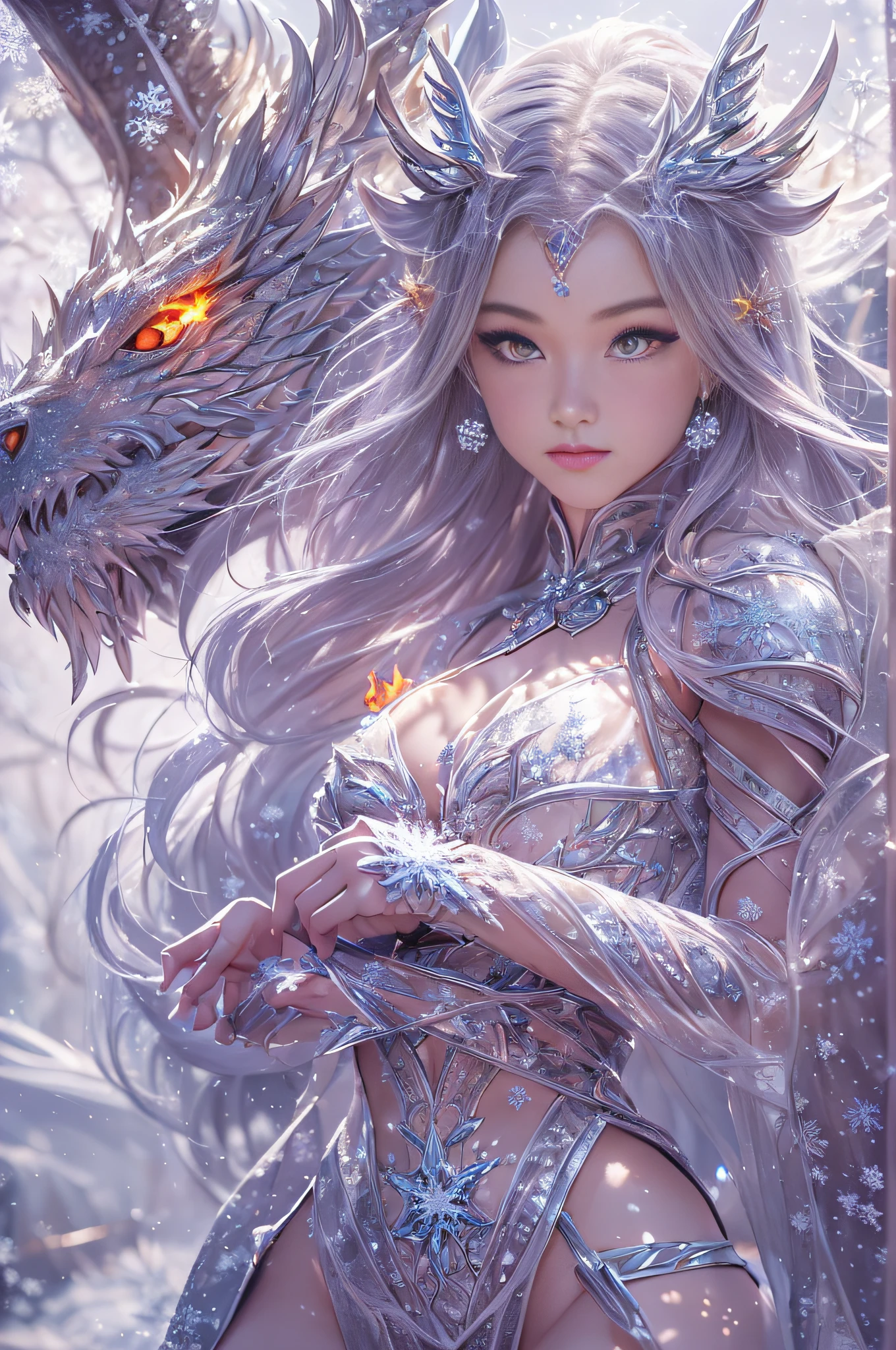 ((Top Quality, 16k, Masterpiece: 1.3)), photorealistic, extremely detailed CG unity 8k wallpaper, Depth of field, Cinematic Light, Lens Flare, fashion model 20 years old (extremely beautiful face, beautiful lips, beautiful eyes), (intricate detail face), ((ultra detailed skin)), I see Ultra Instinct surrounded by a purple aura and lightning (((full body shot))), 4k, 3D, Draw moving ice and fire flames, [[chest]], neck, [[bodysuit lacy lace-upp]], (Intricate detailed multi-layer bodysuit lacy lace-upp), [shoulders], all feet and breasts shod in armor of silver glass, and cristals (corset), twintails asymetrical long ((red hair)), 1Girl (beautiful crop top), (medium bust:1.8), (narrow waist, slanderous legs), perfect proportions, perky , (glaring ice eyes:1.6), The drawn enchanted fantasy land is frosty, with flying pieces of ice floating in the air and glowing energy crystals. this environment in the mist and magical vortex of thousands of ambient light elements, light reflections, including the environment (ice and fire crystals) glowing in the air. The girl's armor is made of silver glass, which absorbs the magical energy of the environment and releases it in the form of bright light. In this fantastic area there is a great spirit dragon (length: 125 m) and a thick one surrounding this fantastic masterpiece with all its greatness, illuminated accessories. This fantastic land is inhabited by a large flying serpent dragon with wings surrounding this fantastic masterpiece with all its wonderful accessories. The dragon-beast lies on the ice facing the viewer. The image of this fantasy land is shrouded in powerful, ((glowing light)), cristal sword, extremely detailed artgerm, beautiful elegant demon queen, (oli face: 1.3), (snowflakes burning with fire:1.5), (flames:1.5), ray tracing, (sparkle:1.8), UHD, (shiny:1.5), (light reflections:1.3), (crisp:1.7), Fujicolor, cinematic lighting