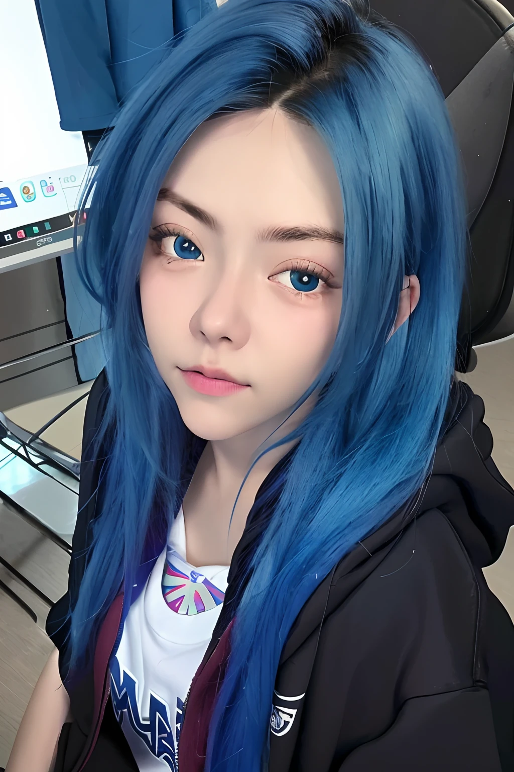a close up of a person with blue hair and a hoodie, girl with blue hair, beautiful blue haired girl, blue eyes, blue hair, black jacket, white skin, t-shirt, realistic, masterpiece, ultra detail, ultra realistic, best image quality, photograpy, 8k, very detail, purple hair in down hair