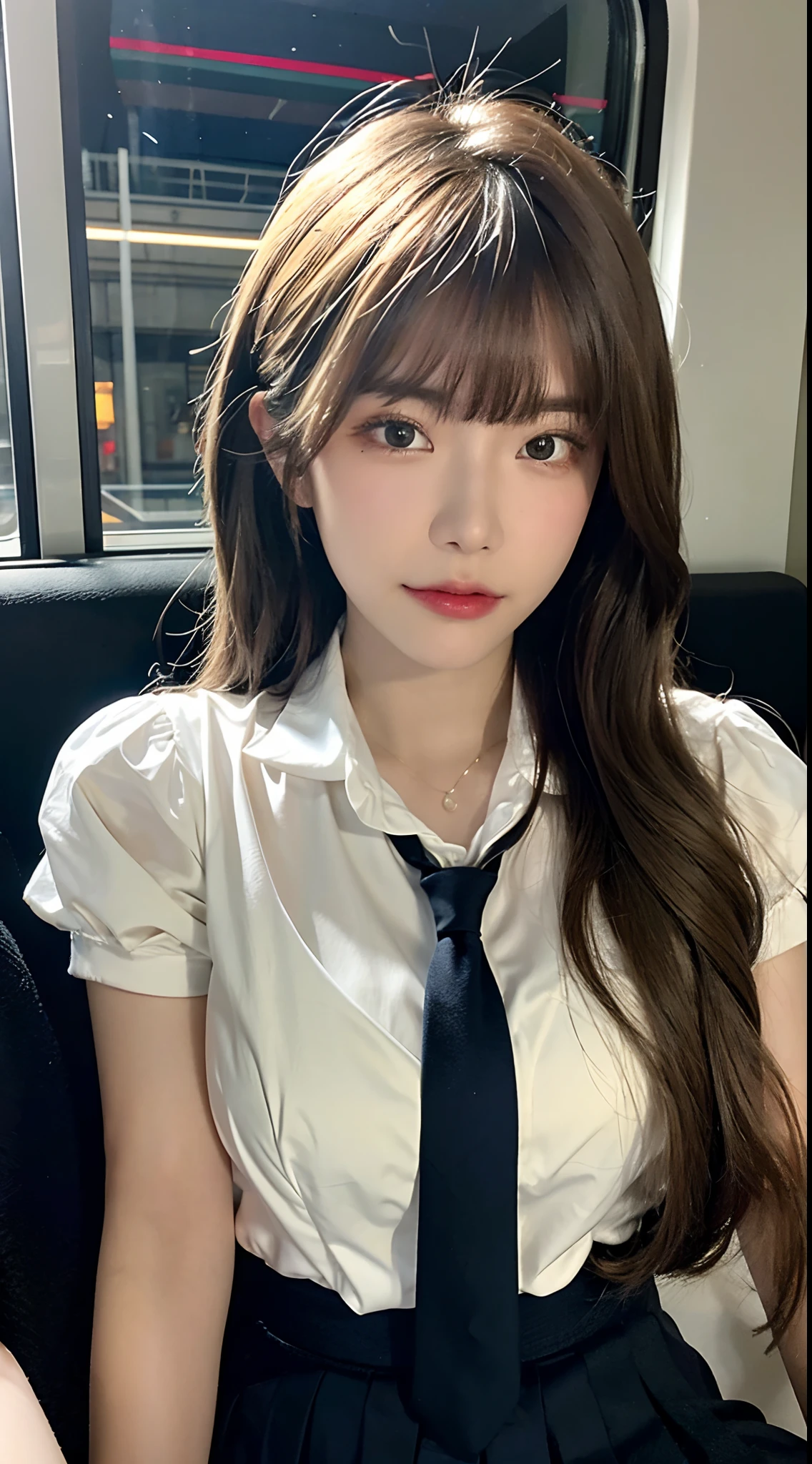 Low angle shot,arafed asian woman in a short skirt and bow tie sitting on a train, cute schoolgirl, japanese girl school uniform, wearing japanese school uniform, japanese school uniform, a hyperrealistic schoolgirl, dressed as schoolgirl, hyperrealistic schoolgirl, wearing school uniform, realistic schoolgirl, girl wearing uniform, wearing a school uniform, of a schoolgirl posing, full body, nice skin, glowing skin, nice thighs,glowing thigh, glowing legs