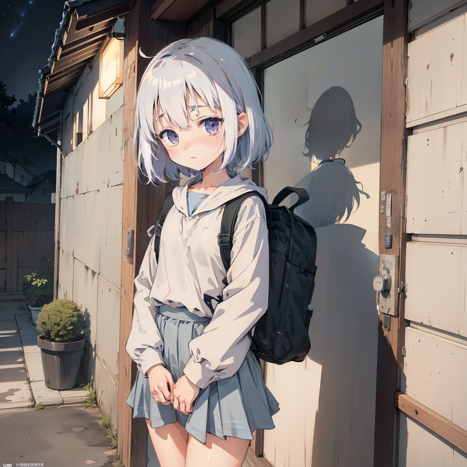 A very cute anime character, cartoon character, Unreal Engine Warm interior lighting Art Station Detailed digital painting Character Design Mark Lyden Pixar Hayao Miyazaki Unreal 5 Dazzling Hyperreal - Octane Neon rendering,Watercolor illustration, Perfect anatomy, Masterpiece, Best quality, 1girll, Loli,elementary student, Solo, (with short white hair:1.2), Elementary school uniform, bookbag,Nature, during night, landscape