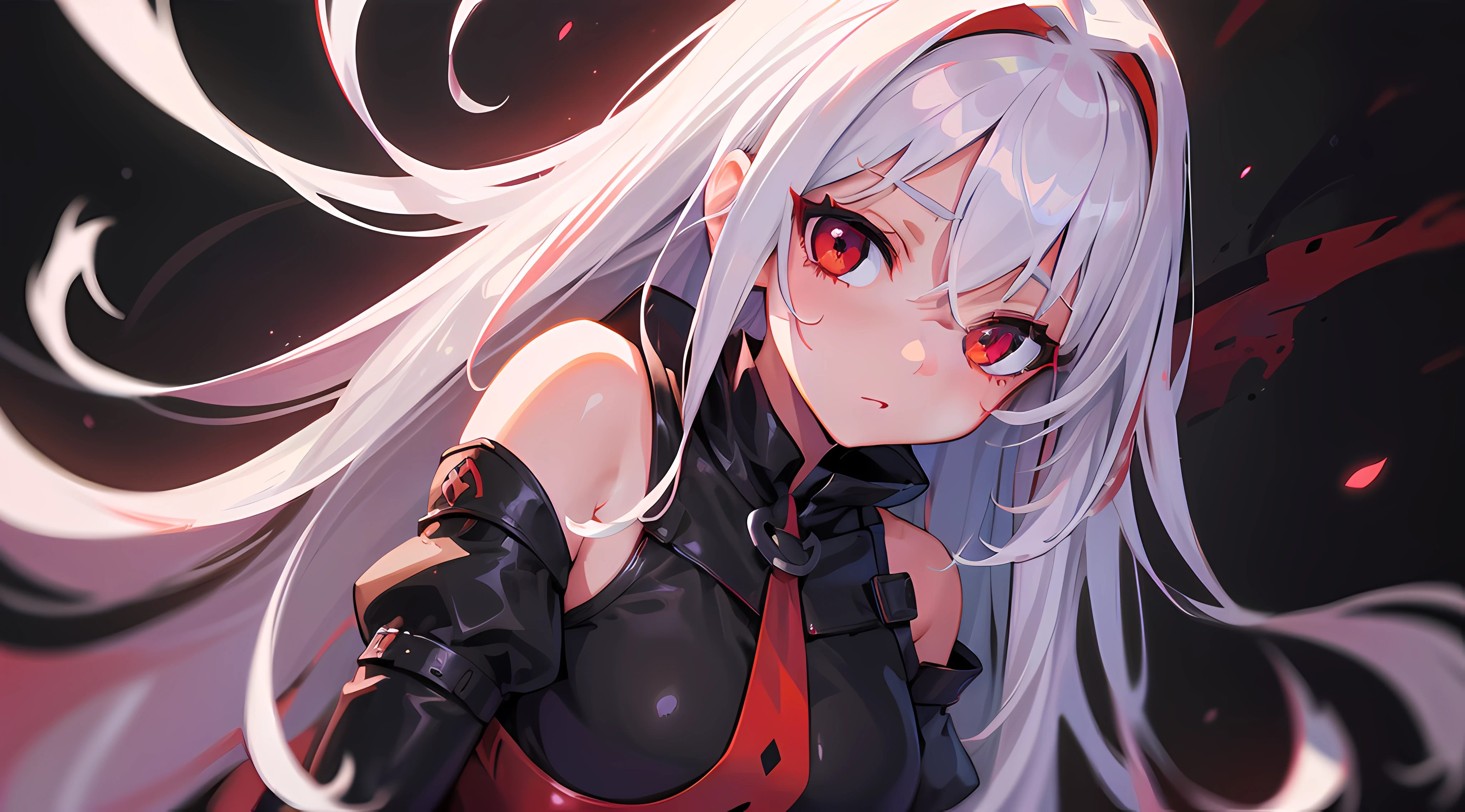 ((Masterpiece,Best quality)),1girll,Beautiful detailed eyes, Detailed face, (full bodyesbian:1.2), White long hair, Red eyes,small size breasts, (Black background:1.2), Bloody particles, shaded face