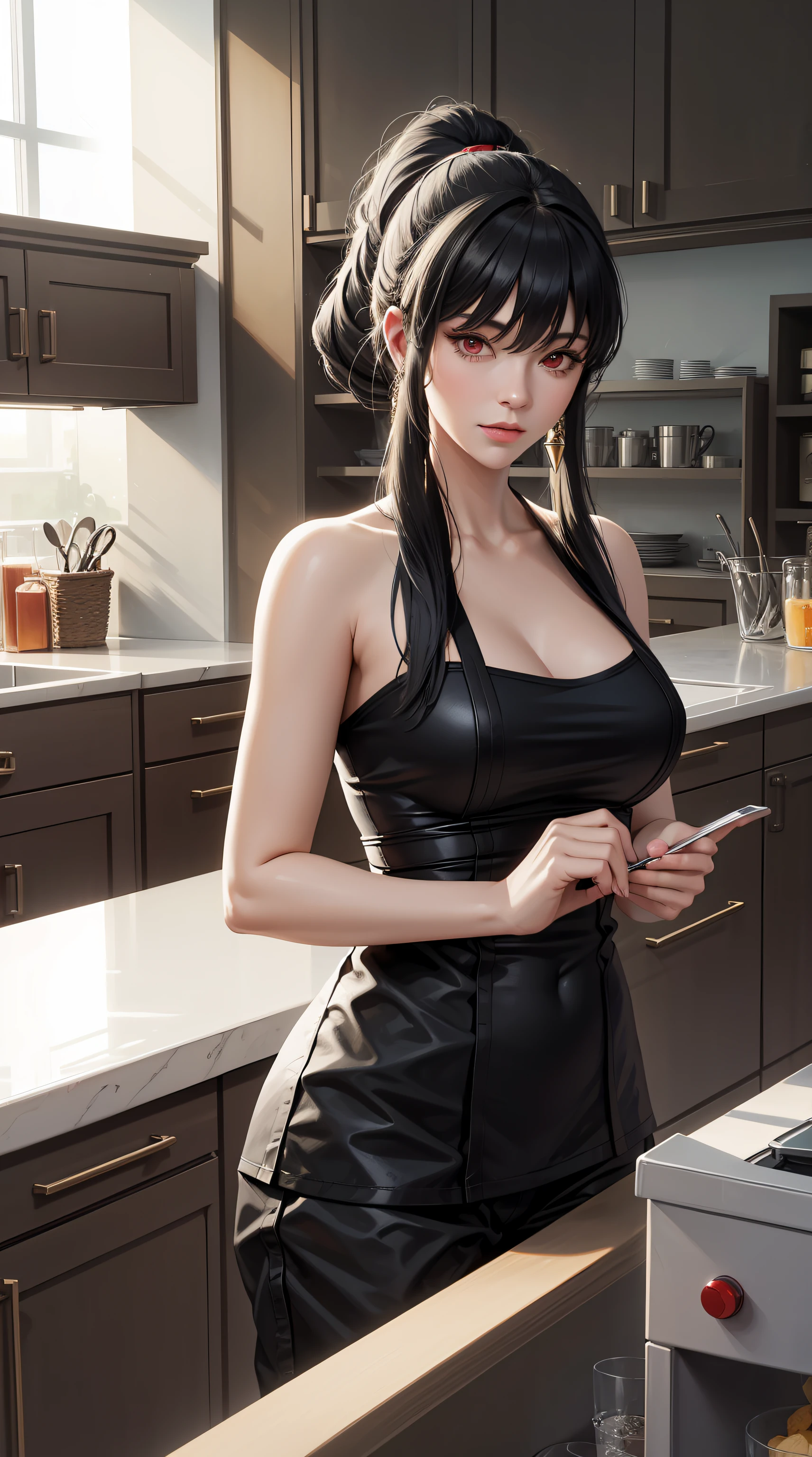 aayorf, red eyes, black hair, long hair, ponytail, ponytail, beautiful, beautiful woman, perfect body, perfect breasts, wearing white pajamas, pajamas, sleepwear, in the kitchen, clear kitchen, looking at the viewer, a slight smile, realism , masterpiece, textured leather, super detail, high detail, high quality, best quality, 1080p, 16k