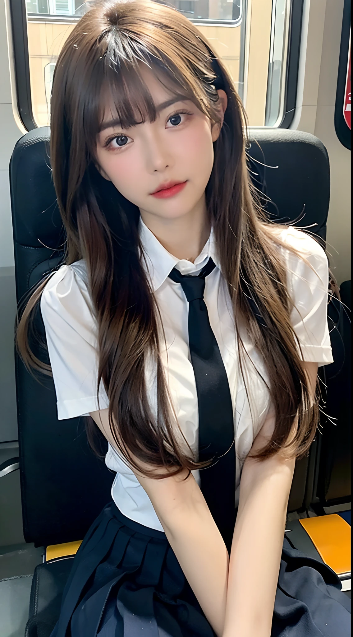 ((top quality, 8k, masterpiece: 1.3)), beauty, 1 girl, big: 1.3, (abs, slender figure: 1.1), dark brown hair, (wet body: 1.1), ultra detailed face, detailed lips, detailed eyes, double eyelids, mini skirt, ((JK uniform)), (school uniform), detailed police car interior, police car, passenger seat sitting, baton, handcuffs, embarrassed, blushing, panties on thighs, shy laughter, shirt with open front, uniform with open front, unbuttoned shirt, angel window
