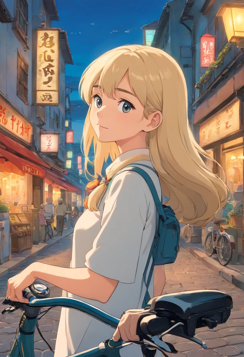 blond woman standing next to a bike on a city street, very very low quality picture, low quality photo, 8k selfie photograph, looking to the camera, looking to the side off camera, she is facing the camera, very very low quality, distorted photo, looking to camera, street pic, 2 4 year old female model, taken with sony alpha 9