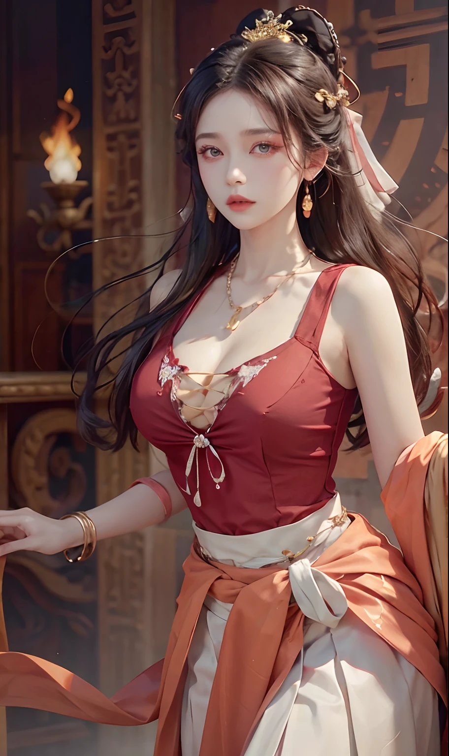 （RAW photogr，best qualtiy）， best qualtiy， The is very detailed， tmasterpiece， ultra - detailed， illustratio， one-girl， （huge boob，cleavage）， dynamic angle， best qualtiy， extremely detailed CG unity 8k wal，电影灯光，Dunhuang-style women wear waist skirts，Upper body dark red collared shirt，Wrapped in a heavy chest，The waist is just tied around the waist，Pendant with pressed skirt beads，The skirt is a pale white pleated skirt；Eyes like apricots，The lips are lit with vermilion rouge，With an intellectual temperament，Beautiful without losing stability and maturity。