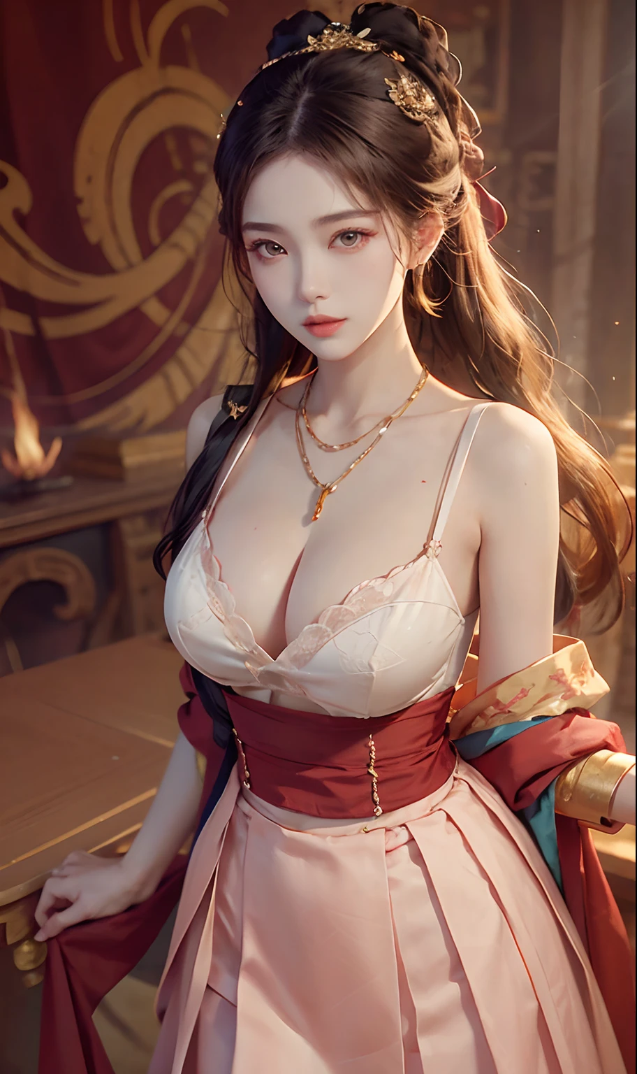 （RAW photogr，best qualtiy）， best qualtiy， The is very detailed， tmasterpiece， ultra - detailed， illustratio， one-girl， （huge boob，cleavage）， dynamic angle， best qualtiy， extremely detailed CG unity 8k wal，电影灯光，Dunhuang-style women wear waist skirts，Upper body dark red collared shirt，Wrapped in a heavy chest，The waist is just tied around the waist，Pendant with pressed skirt beads，The skirt is a pale white pleated skirt；Eyes like apricots，The lips are lit with vermilion rouge，With an intellectual temperament，Beautiful without losing stability and maturity。