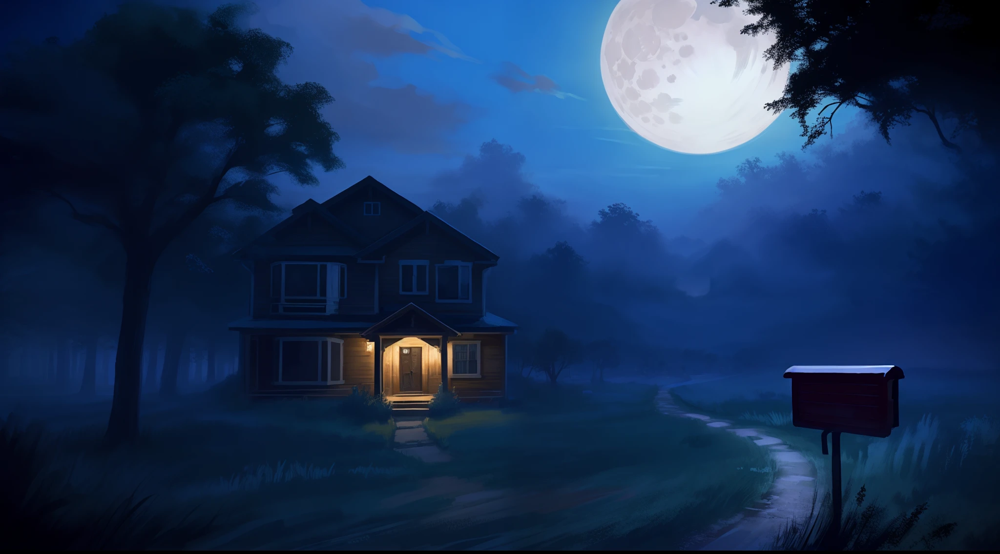 Night view of the house，There is a mailbox in front, inspired by Gregory Crewdson, night time render, nightime village background, fundo de casa, Night of horrors, House in the forest, location of a dark old house, calm evening. Digital illustration, haunted house, spooky and scary atmosphere, eerie highly detailed, background artwork, at night with full moon, horror setting