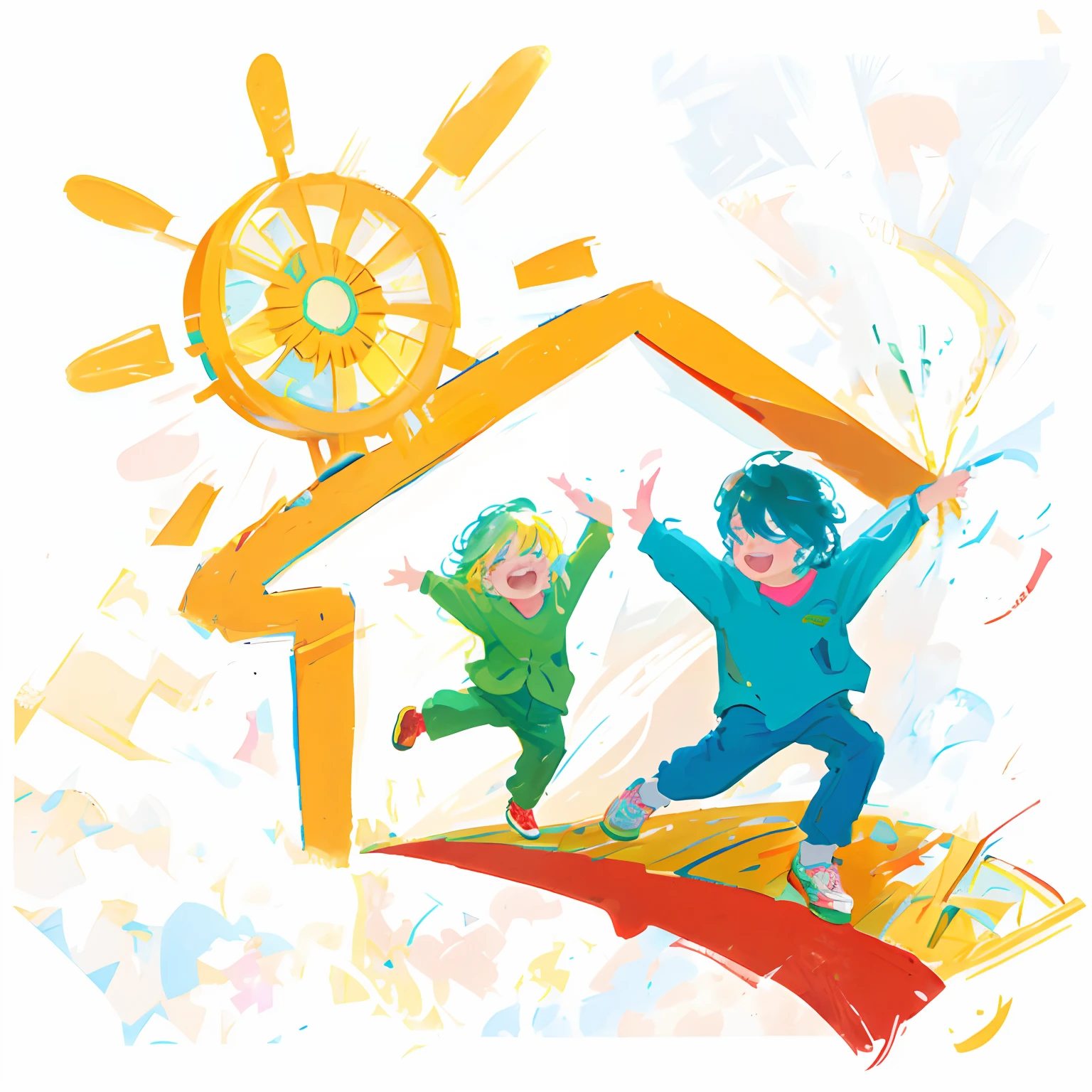 Cartoon illustration of two children jumping in front of the house, The child's face is clear,The child is laughing,children illustration, Colorful illustration, joyful people in the house, KIDS ILLUSTRATION, colorful kids book illustration, children illustration, bright sunny time, Children\'s illustration, very clear weather, A beautiful artwork illustration, sunny day time, In sunny weather, exciting illustration, Children's illustration, Colorful illustrations