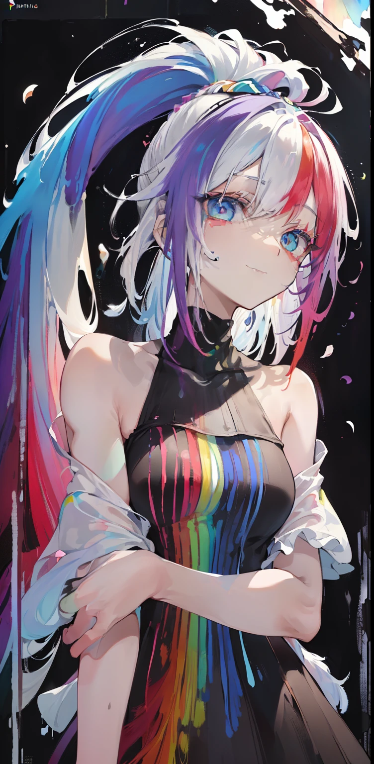 (Pink Fashion T-shirt: 1.9),(Colored hair: 1.8), (all colors of the rainbow: 1.8),(((((vertical painting:1.6))), (painting:1.6),front, comic , Illustrations, paintings, big eyes, crystal clear eyes,(Color gradient rainbow high ponytail:1.7), exquisite makeup, closed mouth,(Small Fresh: 1.5),(Clear chest: 1.6), long eyeslashes, white T-shirt outside the shoulder, white shoulder shirt, looking up at the audience, big watery eyes, (rainbow colored hair:1.6), splash of color, (solo: 1.8), splash of color, burst of color, thick painting style, messy lines , ((bright)), (colorful), (colorful), (colorful), colorful, thick painting style, (splash) (color splash), vertical painting, upper body, paint splash, Acrylic Pigment, gradient, paint, highest image quality, highest quality, masterpiece, soil, depth of field, face painting, colorful clothes, (stylish: 1.2), beautiful, long hair, wind, (stylish: 1.3), ( Petals: 1.4),((masterpiece))),((best quality))),((ultra-detailed)),(illustration),(dynamic angle),((floating)),(painting),( (shaggy hair)),(solo),(1girl) , (((detailed anima face))),((detailed anima face)), ((smiling)),(beautiful detailed face)),necklace,bare shoulders, (legs),(thighs),white hair,((colored hair)),((striped hair)),(beautiful detailed eyes,(gradient color eyes),((colorful eyes))),(((colorful background) )),(high saturated))),((surrounded by colorful splashes))),