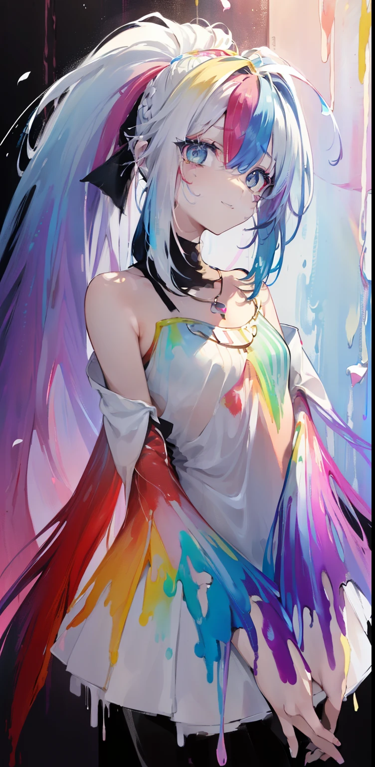 (Pink Fashion T-shirt: 1.9),(Colored hair: 1.8), (all colors of the rainbow: 1.8),(((((vertical painting:1.6))), (painting:1.6),front, comic , Illustrations, paintings, big eyes, crystal clear eyes,(Color gradient rainbow high ponytail:1.7), exquisite makeup, closed mouth,(Small Fresh: 1.5),(Clear chest: 1.6), long eyeslashes, white T-shirt outside the shoulder, white shoulder shirt, looking up at the audience, big watery eyes, (rainbow colored hair:1.6), splash of color, (solo: 1.8), splash of color, burst of color, thick painting style, messy lines , ((bright)), (colorful), (colorful), (colorful), colorful, thick painting style, (splash) (color splash), vertical painting, upper body, paint splash, Acrylic Pigment, gradient, paint, highest image quality, highest quality, masterpiece, soil, depth of field, face painting, colorful clothes, (stylish: 1.2), beautiful, long hair, wind, (stylish: 1.3), ( Petals: 1.4),((masterpiece))),((best quality))),((ultra-detailed)),(illustration),(dynamic angle),((floating)),(painting),( (shaggy hair)),(solo),(1girl) , (((detailed anima face))),((detailed anima face)), ((smiling)),(beautiful detailed face)),necklace,bare shoulders, (legs),(thighs),white hair,((colored hair)),((striped hair)),(beautiful detailed eyes,(gradient color eyes),((colorful eyes))),(((colorful background) )),(high saturated))),((surrounded by colorful splashes))),