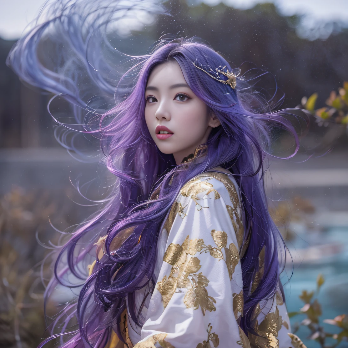 Genki Girl 32K(tmasterpiece,k hd,hyper HD,32K)Long flowing bright purple hair,Autumn Pond,zydink, a color, Asian people (Genki girl), (Silk scarf), Combat posture, looking at the ground, long whitr hair, Floating bright purple, Fire cloud pattern gold tiara, Chinese long-sleeved gold silk garment, (Abstract metaverse splash:1.2), white backgrounid,Lotus vitality protector(realisticlying:1.4),Bright purple hair,Smoke on the road,The background is pure, A high resolution, the detail, RAW photogr, Sharp Re, Nikon D850 Film Stock Photo by Jefferies Lee 4 Kodak Portra 400 Camera F1.6 shots, Rich colors, ultra-realistic vivid textures, Dramatic lighting, Unreal Engine Art Station Trend, cinestir 800,A girl with long flowing bright purple hair