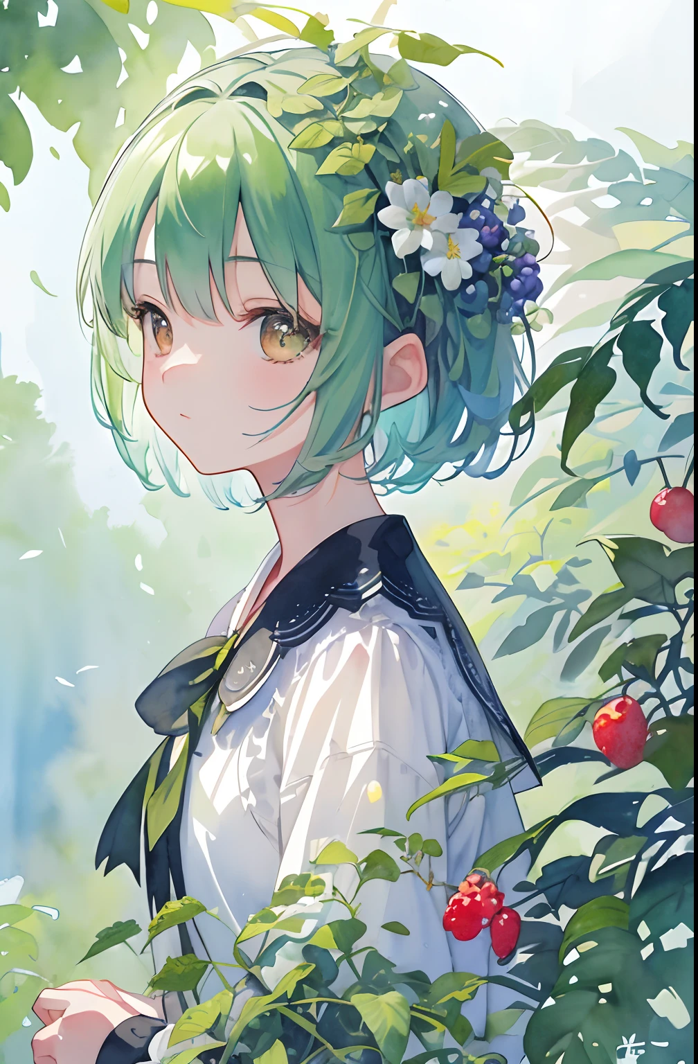 ((super detailed), #3b4195背景, beautiful flowers, berries, ferns, leaves, watercolor pattern of calming colors), (watercolor texture), ((1 girl), short hair, cute,