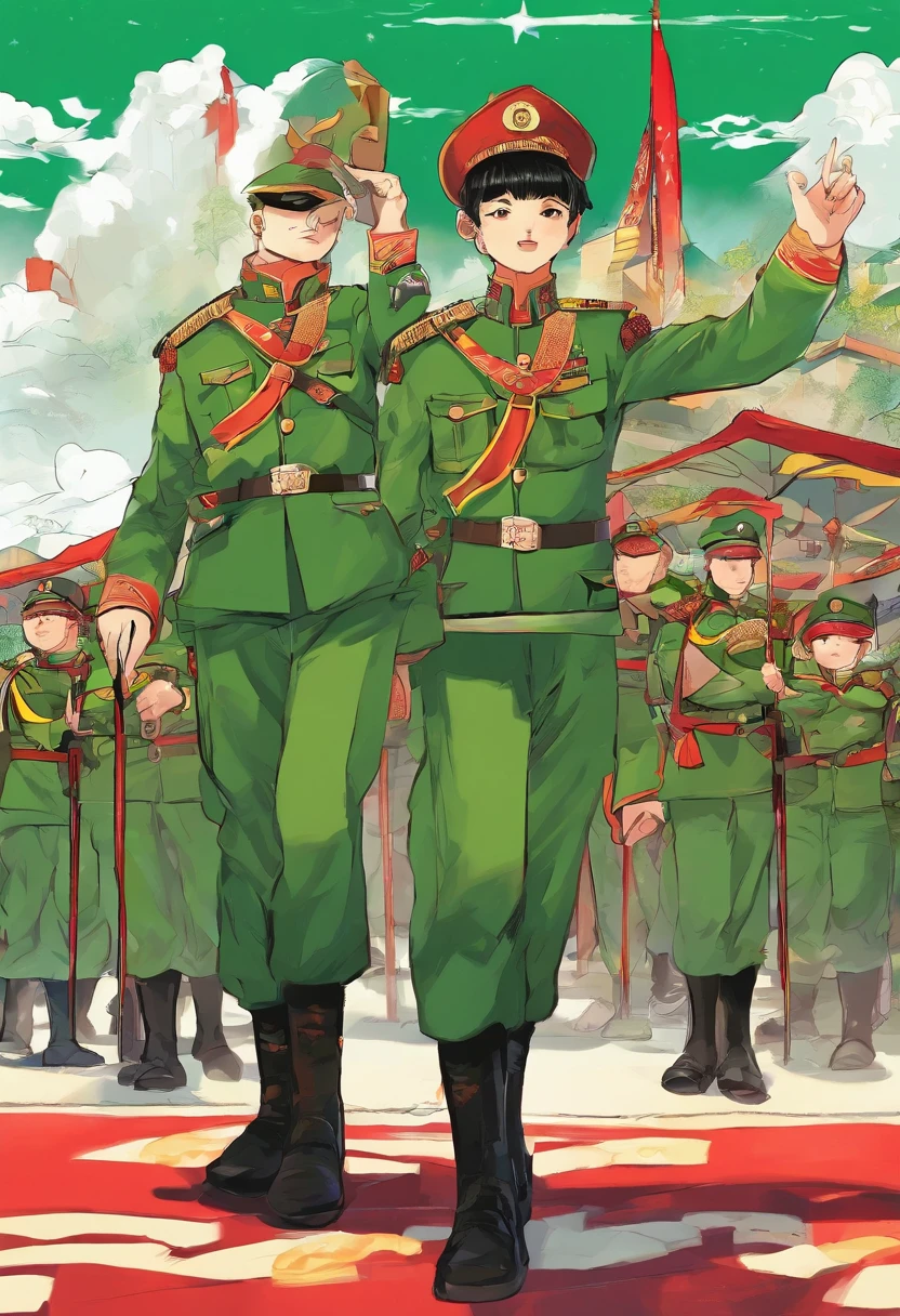 Boy in Chinese green military uniform,Lei Feng is saluting cartoon style anime literary quality