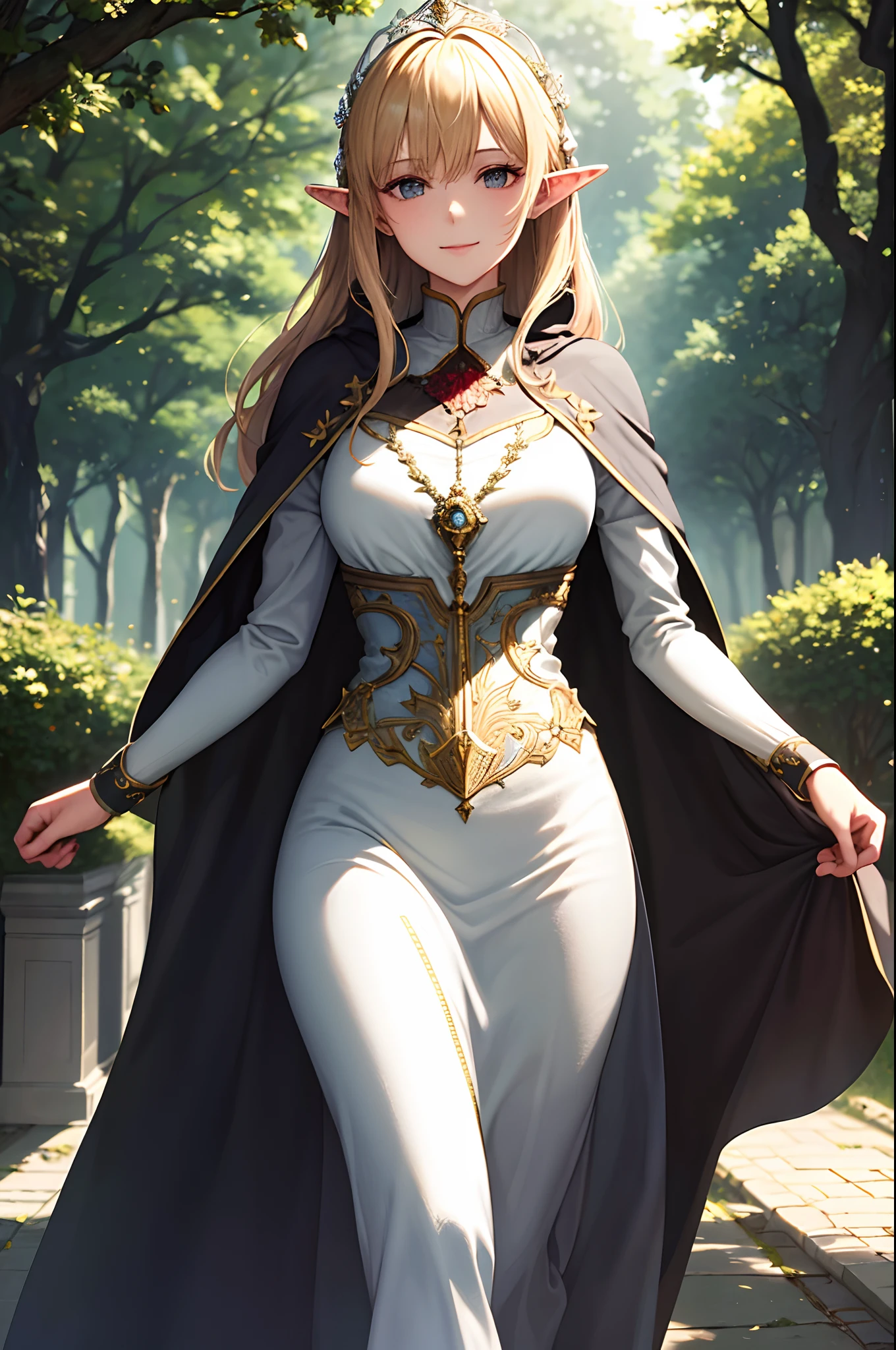 (((Masterpiece, Best quality, super detail))), ((very delicate and beautiful)), ((beautiful delicate face)), une femme elf reine d'un grand royaume, traverse la capitale fleurie, Walk down the street surrounded by his people, acclamation, joie sur son visage, beaux cheveux blonds longs et raides, fins yeux rose flushia, longues oreilles, fine armure de cape verte, sourire, woods, Sunlight through her hair,