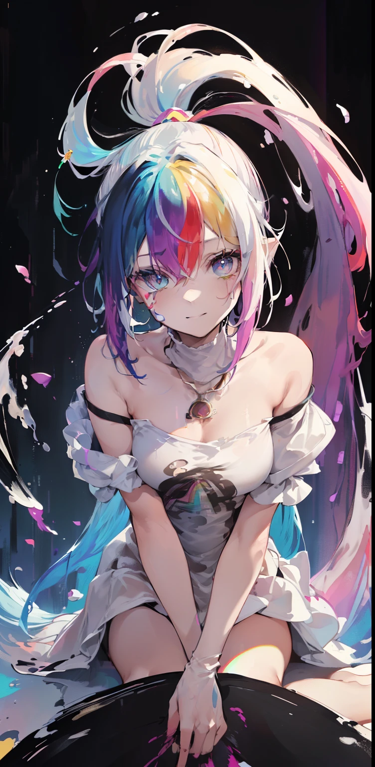 (Pink Fashion T-shirt: 1.9),(Colored hair: 1.8), (all colors of the rainbow: 1.8),(((((vertical painting:1.6))), (painting:1.6),front, comic , Illustrations, paintings, big eyes, crystal clear eyes,(Color gradient rainbow high ponytail:1.7), exquisite makeup, closed mouth,(Small Fresh: 1.5),(Clear chest: 1.6), long eyeslashes, white T-shirt outside the shoulder, white shoulder shirt, looking up at the audience, big watery eyes, (rainbow colored hair:1.6), splash of color, (solo: 1.8), splash of color, burst of color, thick painting style, messy lines , ((bright)), (colorful), (colorful), (colorful), colorful, thick painting style, (splash) (color splash), vertical painting, upper body, paint splash, Acrylic Pigment, gradient, paint, highest image quality, highest quality, masterpiece, soil, depth of field, face painting, colorful clothes, (stylish: 1.2), beautiful, long hair, wind, (stylish: 1.3), ( Petals: 1.4),((masterpiece))),((best quality))),((ultra-detailed)),(illustration),(dynamic angle),((floating)),(painting),( (shaggy hair)),(solo),(1girl) , (((detailed anima face))),((detailed anima face)), ((smiling)),(beautiful detailed face)),necklace,bare shoulders, (legs),(thighs),white hair,((colored hair)),((striped hair)),(beautiful detailed eyes,(gradient color eyes),((colorful eyes))),(((colorful background) )),(high saturated))),((surrounded by colorful splashes))),