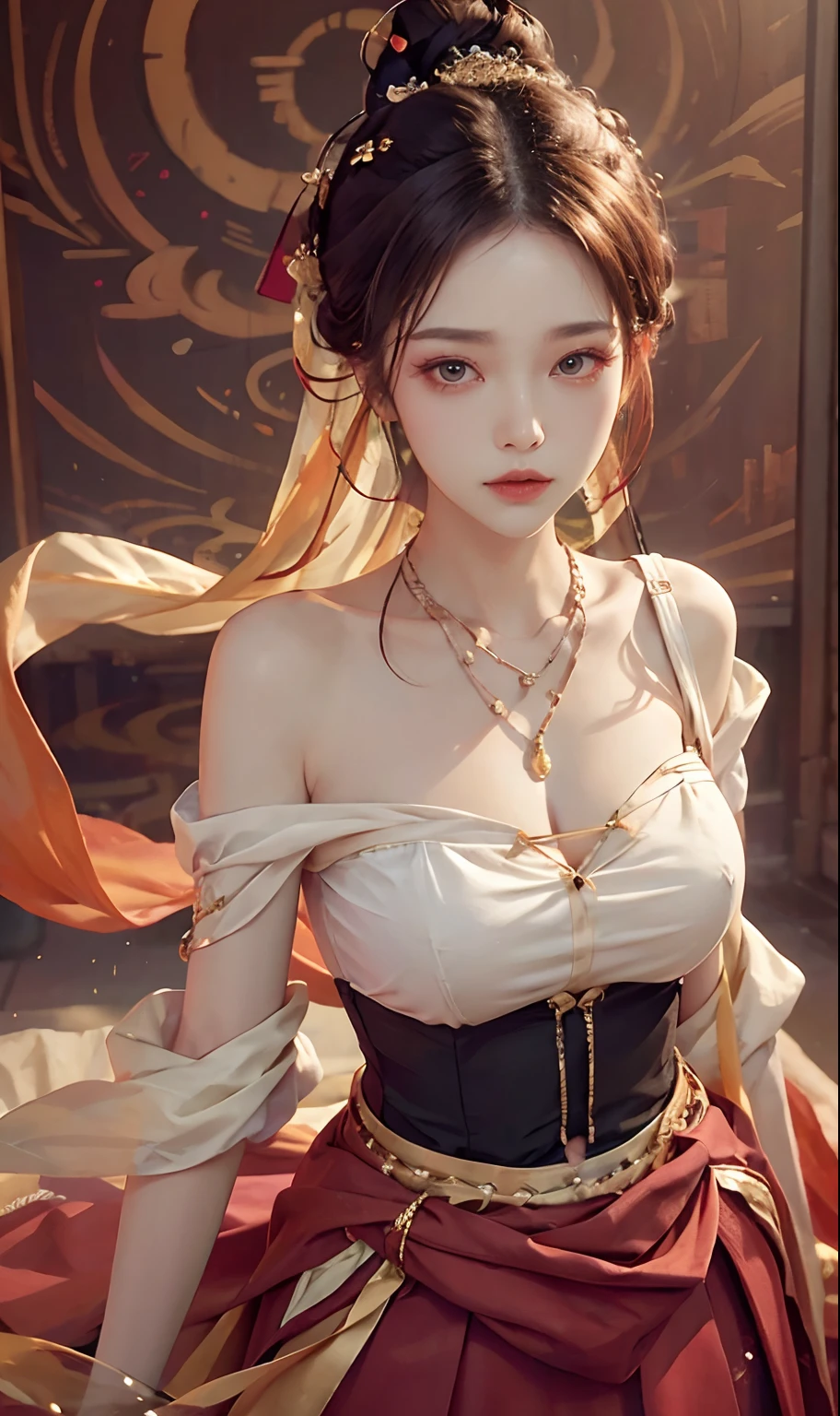 （RAW photogr，best qualtiy）， best qualtiy， The is very detailed， tmasterpiece， ultra - detailed， illustratio， one-girl， （huge boob，cleavage）， dynamic angle， best qualtiy， extremely detailed CG unity 8k wal，电影灯光，Dunhuang-style women wear waist skirts，Upper body dark red collared shirt，Wrapped in a heavy chest，The waist is just tied around the waist，Pendant with pressed skirt beads，The skirt is a pale white pleated skirt；Eyes like apricots，The lips are lit with vermilion rouge，With an intellectual temperament，Beautiful without losing stability and maturity。