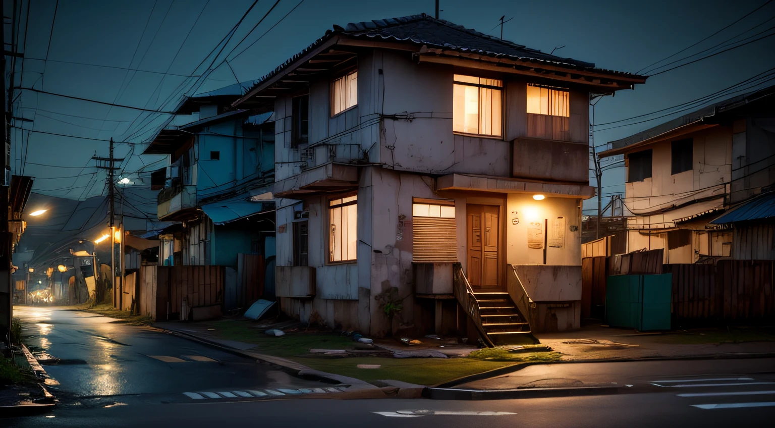 isolate favela house on the road, cyberpunk at night, city destroyed