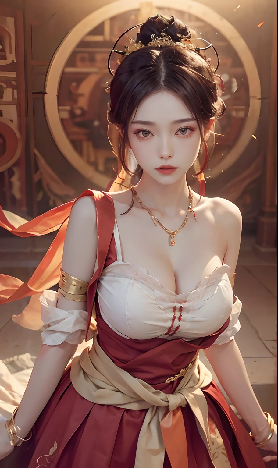 Christmas Santarina, celebration, wearing clothes that show the curves of the body, merry christmas background, Ultra-detailed complex 3D rendering of face, masterpiece, top quality, very beautiful young Elf, (very detailed skin: 1.2), (exposure: 1.1), beautiful russian woman with soft huge breast, long braided hair, mystical expression, ultra-realistic photos, clear focus, Sharp Focus, half body shot until waist, sexy