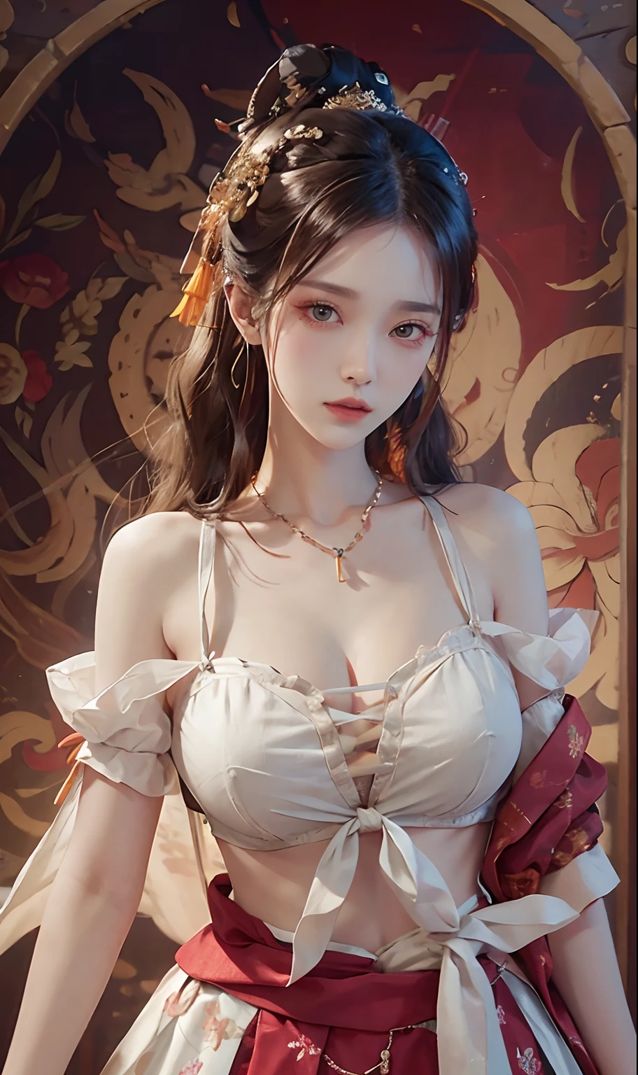 (RAW photogr,best qualtiy), best qualtiy, The is very detailed, tmasterpiece, ultra - detailed, illustratio, one-girl, (huge boob,cleavage), dynamic angle, best qualtiy, extremely detailed CG unity 8k wal,电影灯光,Dunhuang-style women wear waist skirts,Upper body dark red collared shirt,Wrapped in a heavy chest,The waist is just tied around the waist,Pendant with pressed skirt beads,The skirt is a pale white pleated skirt;Eyes like apricots,The lips are lit with vermilion rouge,With an intellectual temperament,Beautiful without losing stability and maturity。