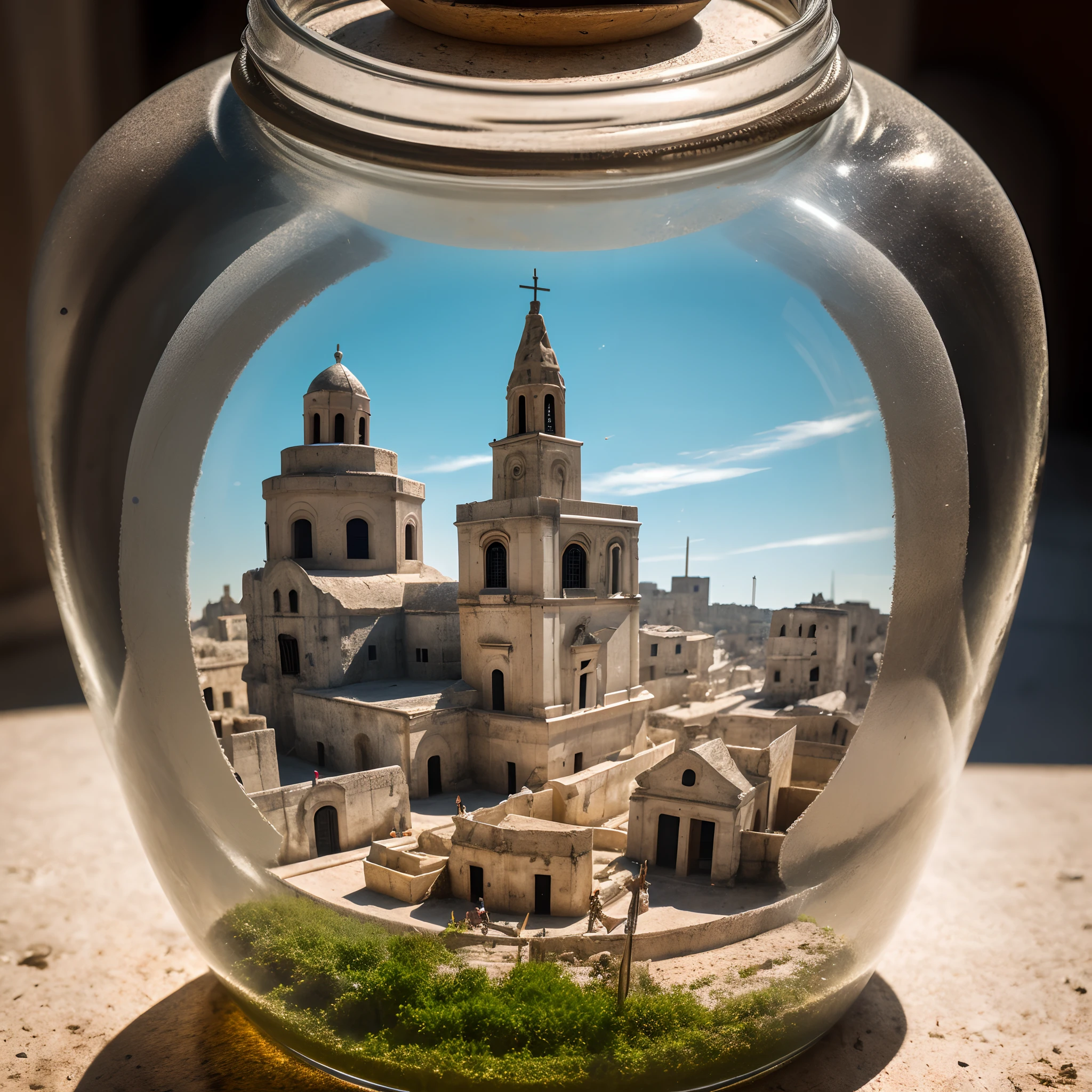 Cathedral of Matera with bell tower inside a square glass jar with lid, placing on the windowsill, extremely detailed, 8K, apocalyptic punk style, miniatures, macro photography in close-up