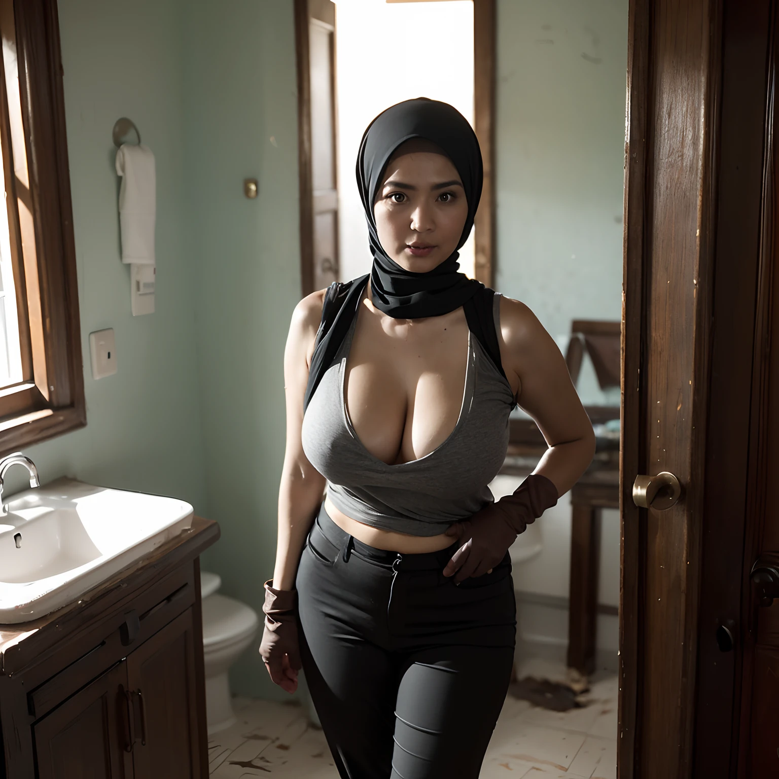 ((masterpiece, Best Quality, High resolution, 32K HDR)), 1female, Solo, (Ultra realistic portrait of mature Malaysian woman:1.55, mature Muslim woman:1.5, Chubby Malaysian Woman:1.55, she is 50years old Malaysian:1.85, hijab:1.2, house keeper, tanned skin:1.25, tanktop shirt, long pants, rubber glove:1.15), (abandoned house:1.35, Messy toilet:1.2, Dark atmosphere:1.2, Huge breasts:1.1),