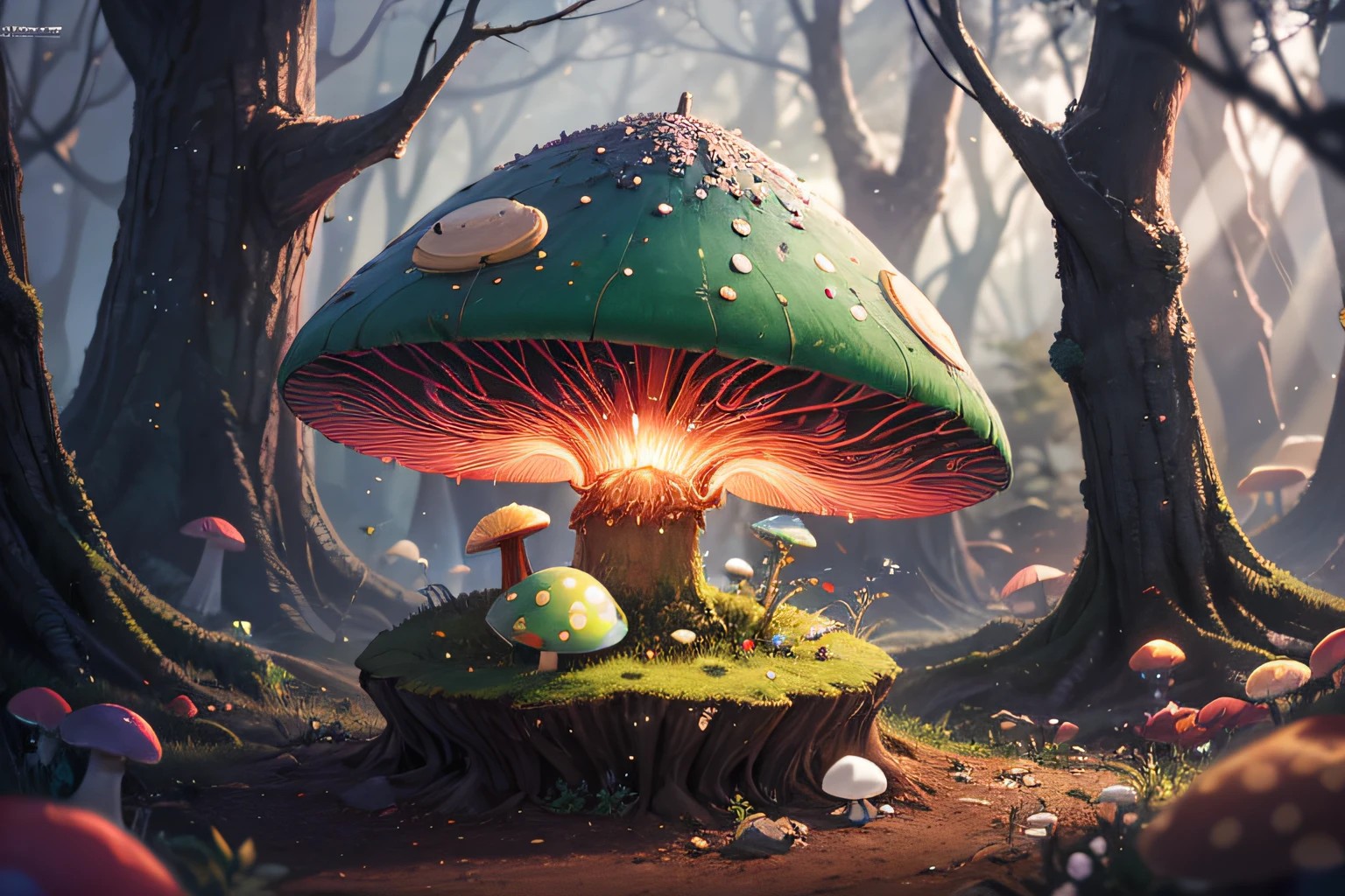 A surreal and dreamlike photograph of a Synthesizer Coffee Robot Snail perched on a mushroom in a fantastical woodland. Its metallic body emits a soft, warm glow, and a delicate steam rises from its espresso spout, creating an otherworldly ambiance in the mystical forest.