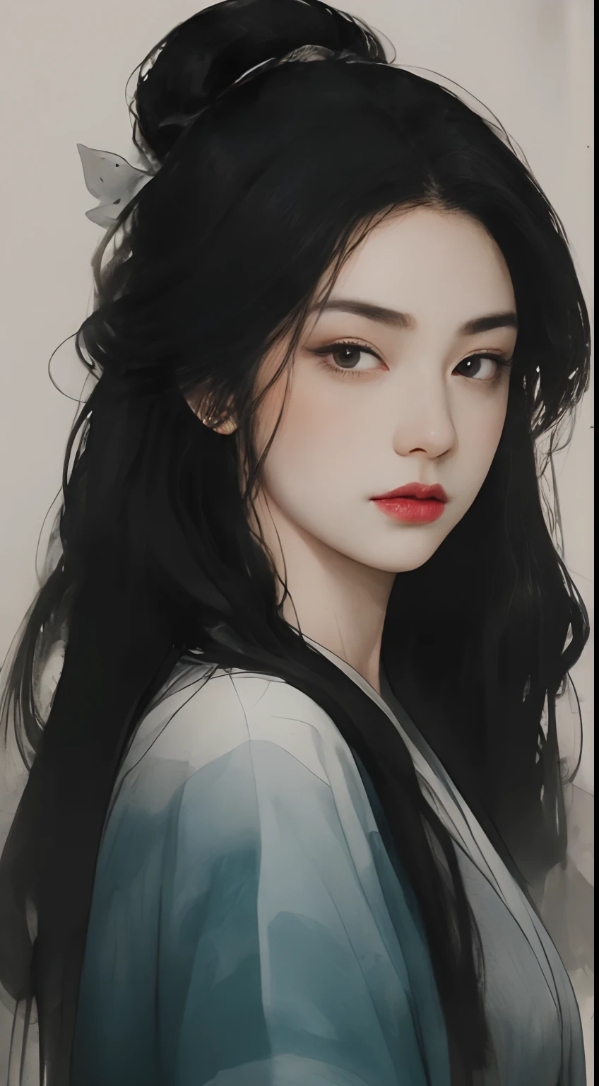 A close up of a woman with long black hair and a blue dress - SeaArt AI