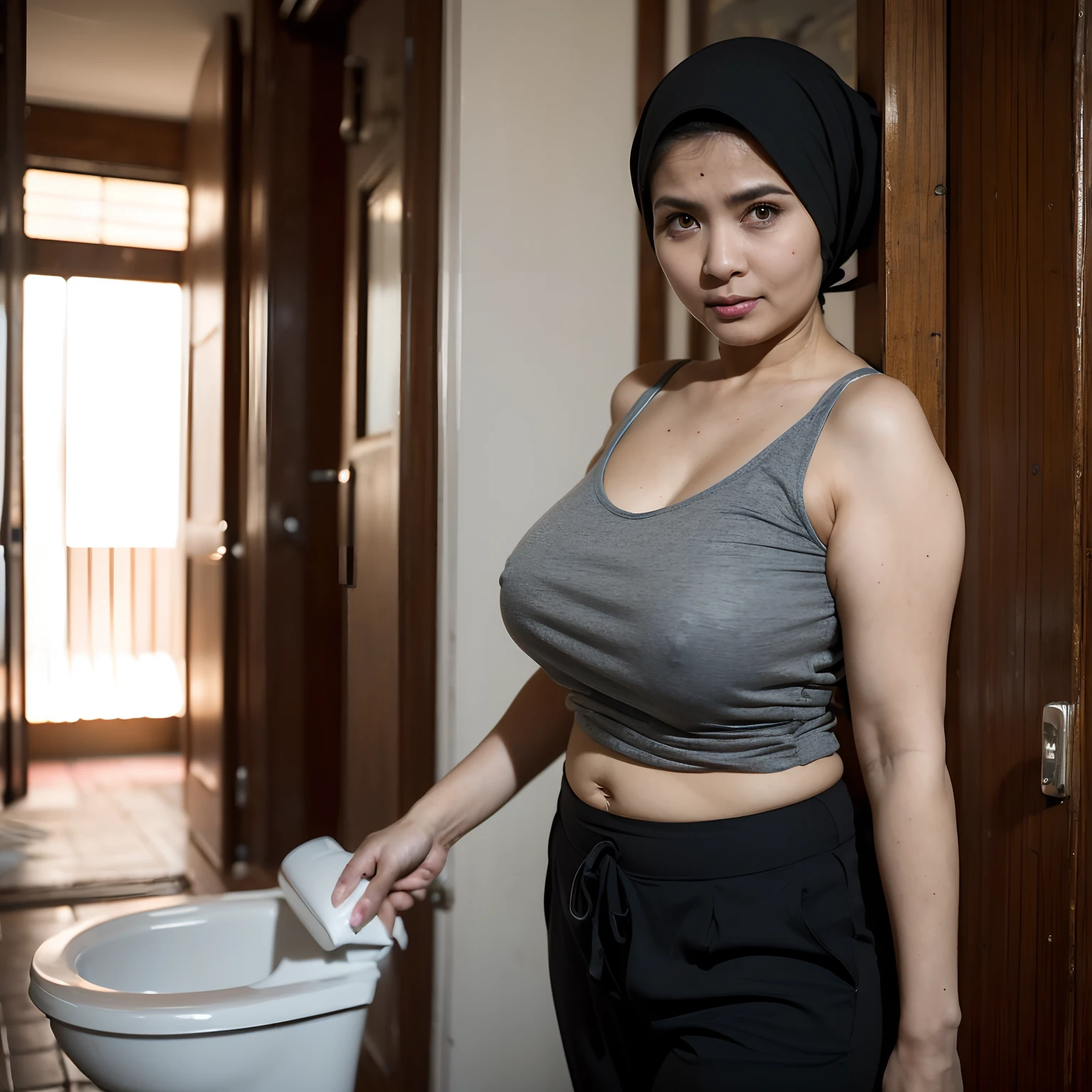 ((masterpiece, Best Quality, High resolution, 32K HDR)), 1female, Solo, (Ultra realistic portrait of mature Malaysian woman:1.55, mature Muslim woman:1.5, Chubby Malaysian Woman:1.55, she is 50years old Malaysian:1.85, hijab:1.2, house keeper, tanned skin:1.25, tanktop shirt, long pants, rubber glove:1.15), (abandoned house:1.35, Messy toilet:1.2, Dark atmosphere:1.2, Huge breasts:1.1),