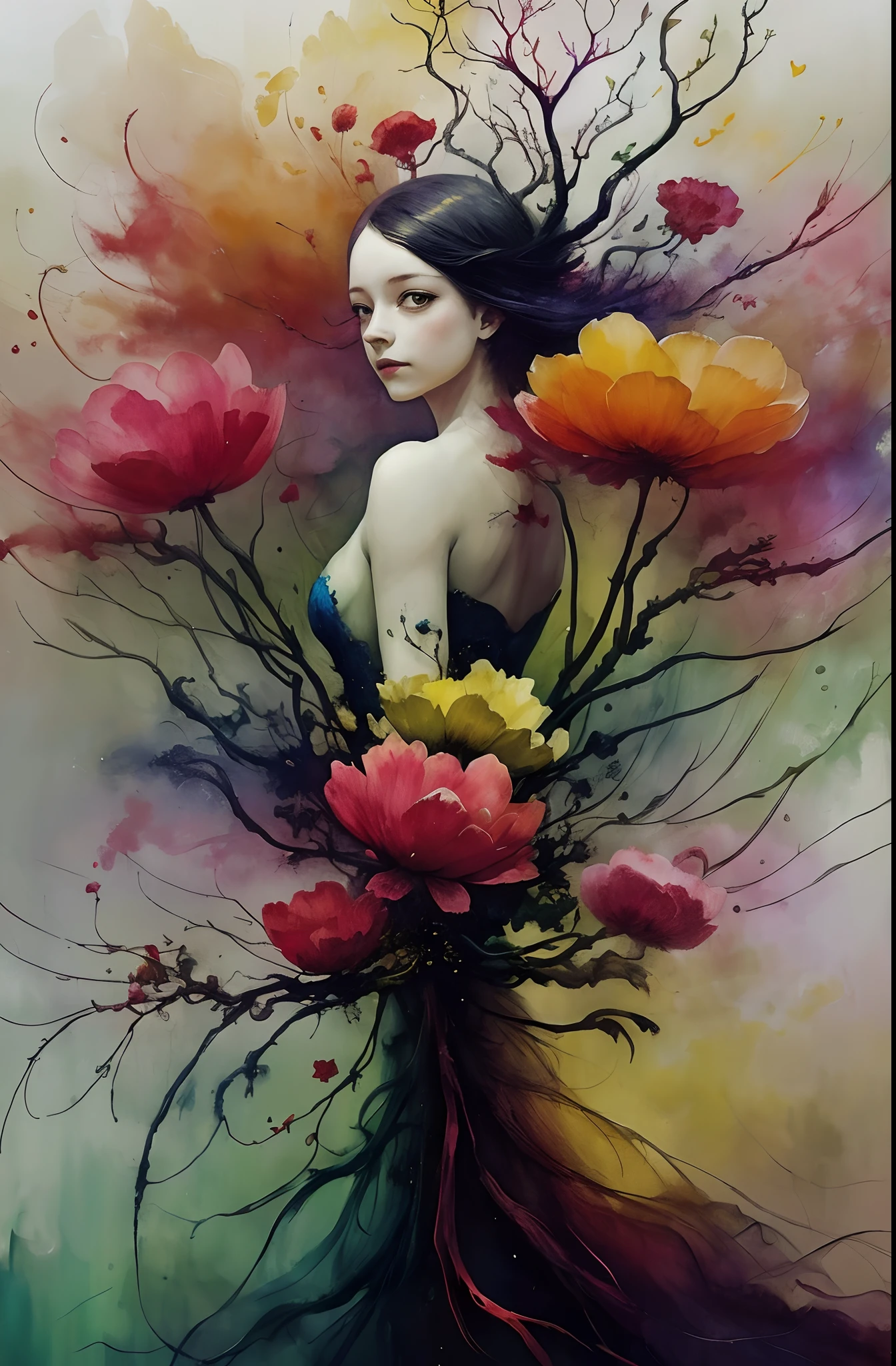 caos, elegante, vivid colors, arte por Anne Bachelier, Atmospheric, a girl, elegante, Borboletas, flores florescendo, Em Movimento, Dramatic, corpo inteiro, organic composition
