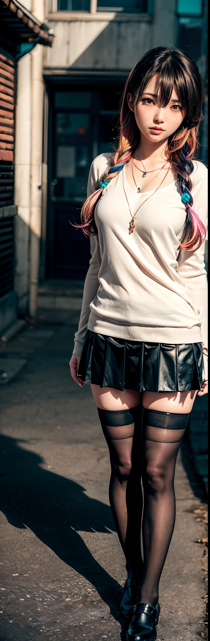 (Best quality, Ultra-detailed, Photorealistic:1.37), 3D anime style girl with green wavy curls, A girl with beautiful and delicate facial features and long eyelashes, Intense red eyes that reflect light, lusciouslips, Multi-colored crystal necklace, Black school uniform with short skirt, Clear black border thigh stockings, Perfect figure, full body shot of, Shot in ultra-wide angle anime style photography.