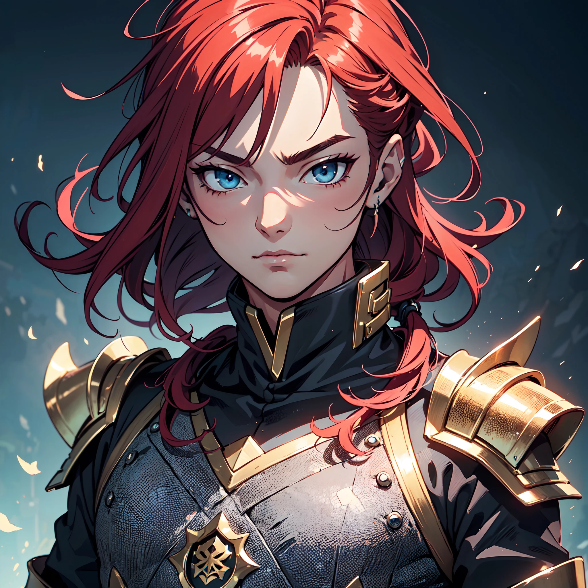 Ultra High Definition, Ultra High Quality, Extremely Detailed, Perfectly Detailed, Masterpiece, 8k, 1 Boy, Look A Like Xin From Kingdom Anime, Handsome, Equipped With All Solid Black Paladin Armor, Solid Light Blue Eyes, Long Red Hair, Body Shot, Ancient Kingdom Background