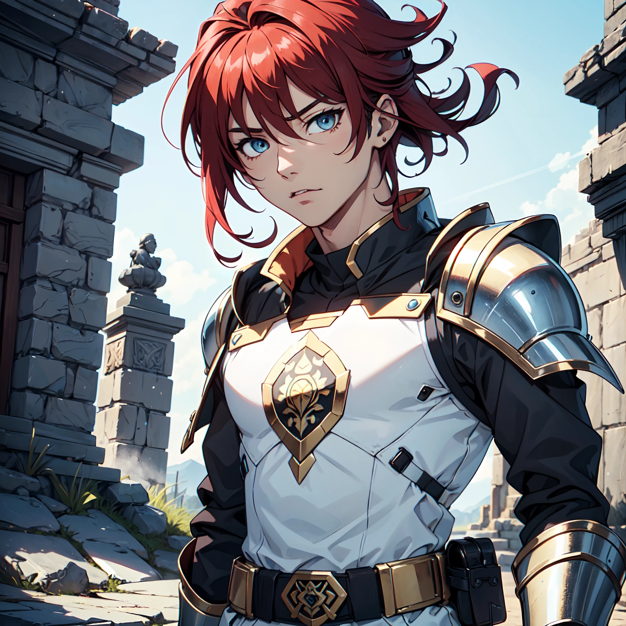 Ultra High Definition, Ultra High Quality, Extremely Detailed, Perfectly Detailed, Masterpiece, 8k, 1 Boy, Look A Like Xin From Kingdom Anime, Handsome, Equipped With All Solid Black Paladin Armor, Solid Light Blue Eyes, Long Red Hair, Body Shot, Ancient Kingdom Background