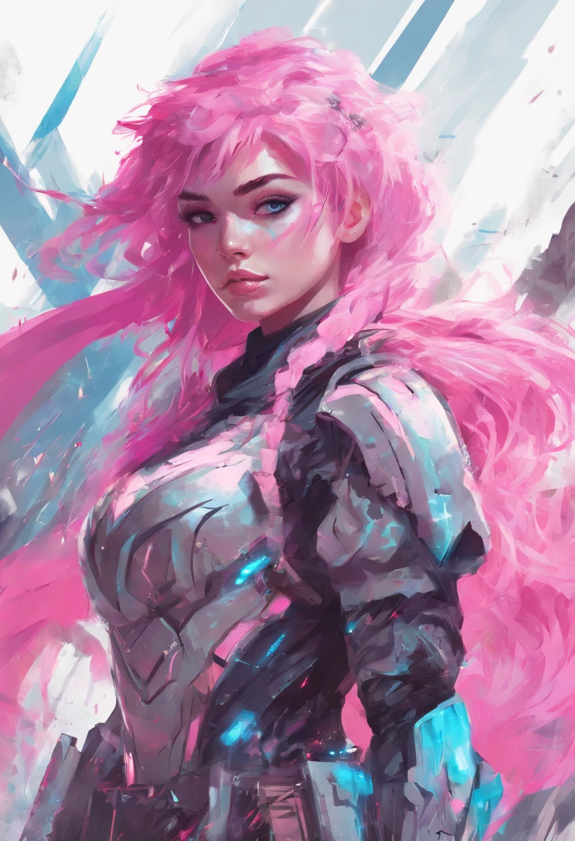 Girl with pink medium hair, blue shiny eyes,in warrior clothes