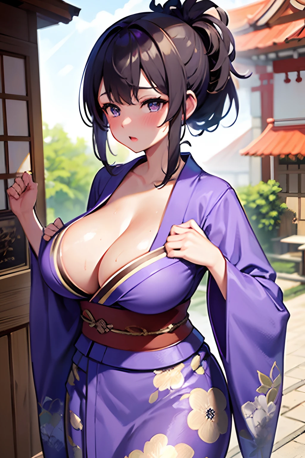 kimono, girl, with, shrines , Worship, autumnal, sweaty, tan, big boobs, tan skin, flustered, blush, plump, wearing kimono, summer festival, wearing kimono, black hair, ponytail, sfw, safe for work, cute, kawaii, long kimono, beutiful kimono, big boobs, slight tan older girl, big boobs, cleavage, purple kimono