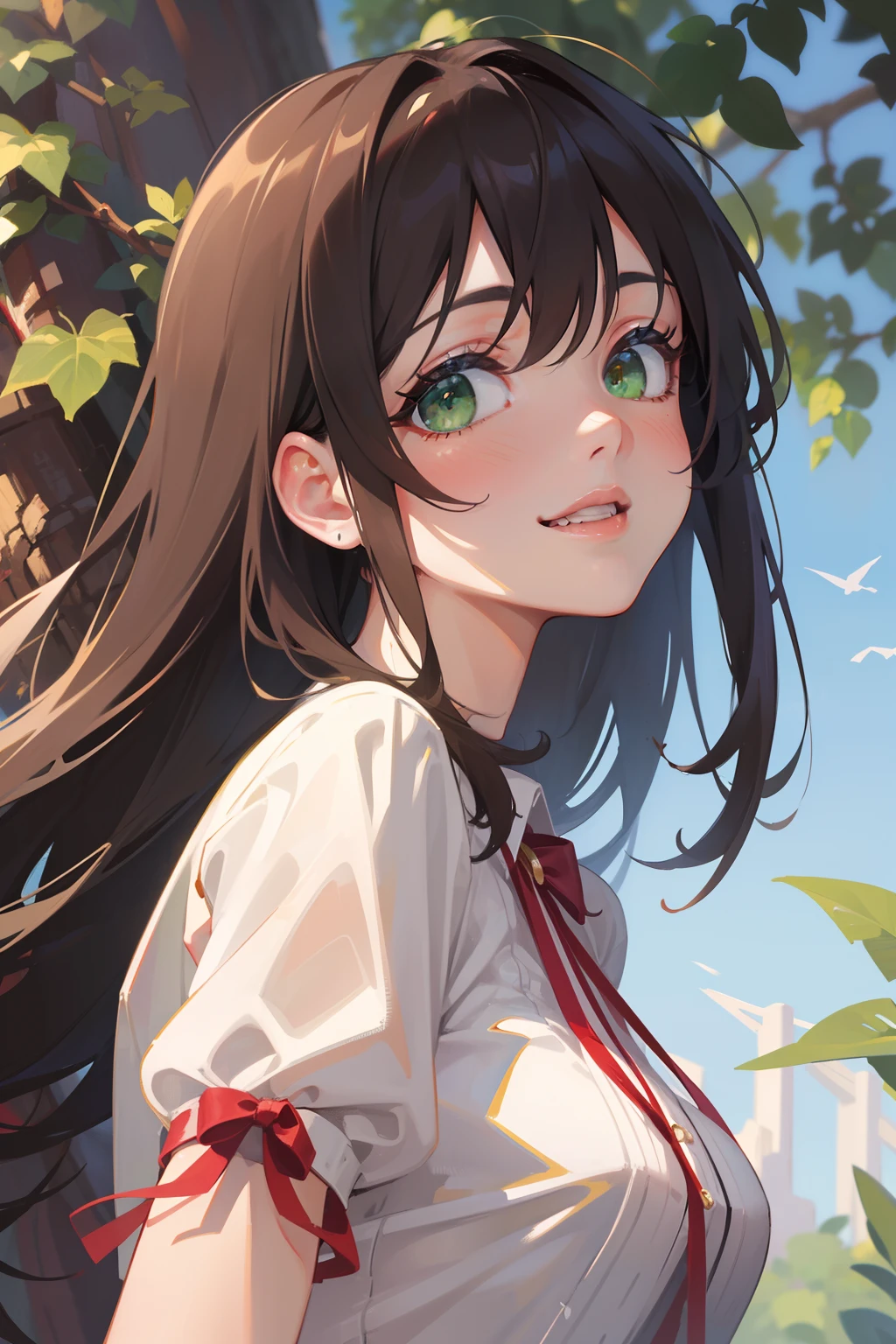 (masterpiece), (best quality), ultra high res, warm pastel tone, upper body, dutch angle, ((1 mature woman, solo)), very stunning and gorgeous mature woman, beautiful detailed hair, chestnut brown hair, smooth long hair, flowing hair by wind, beautiful detailed face, perfect beautiful face, ((beautiful shape eyes, green eyes)), look at the viewer, comfortable face, beautiful lips, smiles, feminine light outfit, at the woods