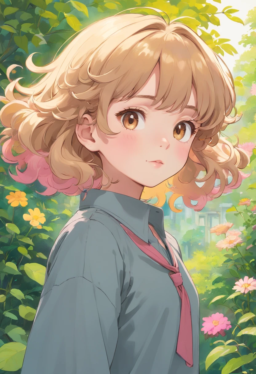 a little girl with really short curly golden blonde hair (with curly bangs swept to the side) and brown eyes wearing a grey and pink long sleeve shirt with aña cat drawing on it in the style of tranquil gardenscapes, colorful animation stills, masami teraoka, paul gauguin, Embry style, honest portrayal