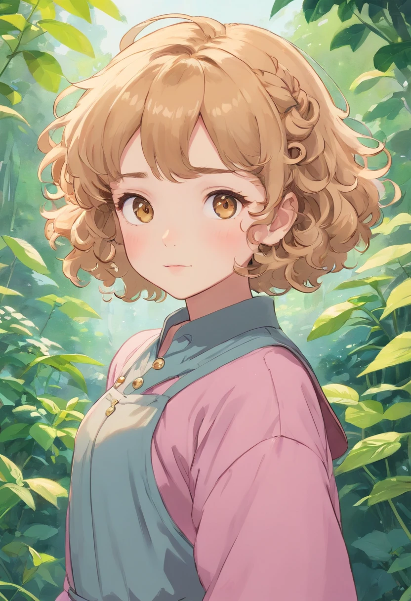 a little girl with really short curly golden blonde hair (with curly bangs swept to the side) and brown eyes wearing a grey and pink long sleeve shirt with aña cat drawing on it in the style of tranquil gardenscapes, colorful animation stills, masami teraoka, paul gauguin, Embry style, honest portrayal