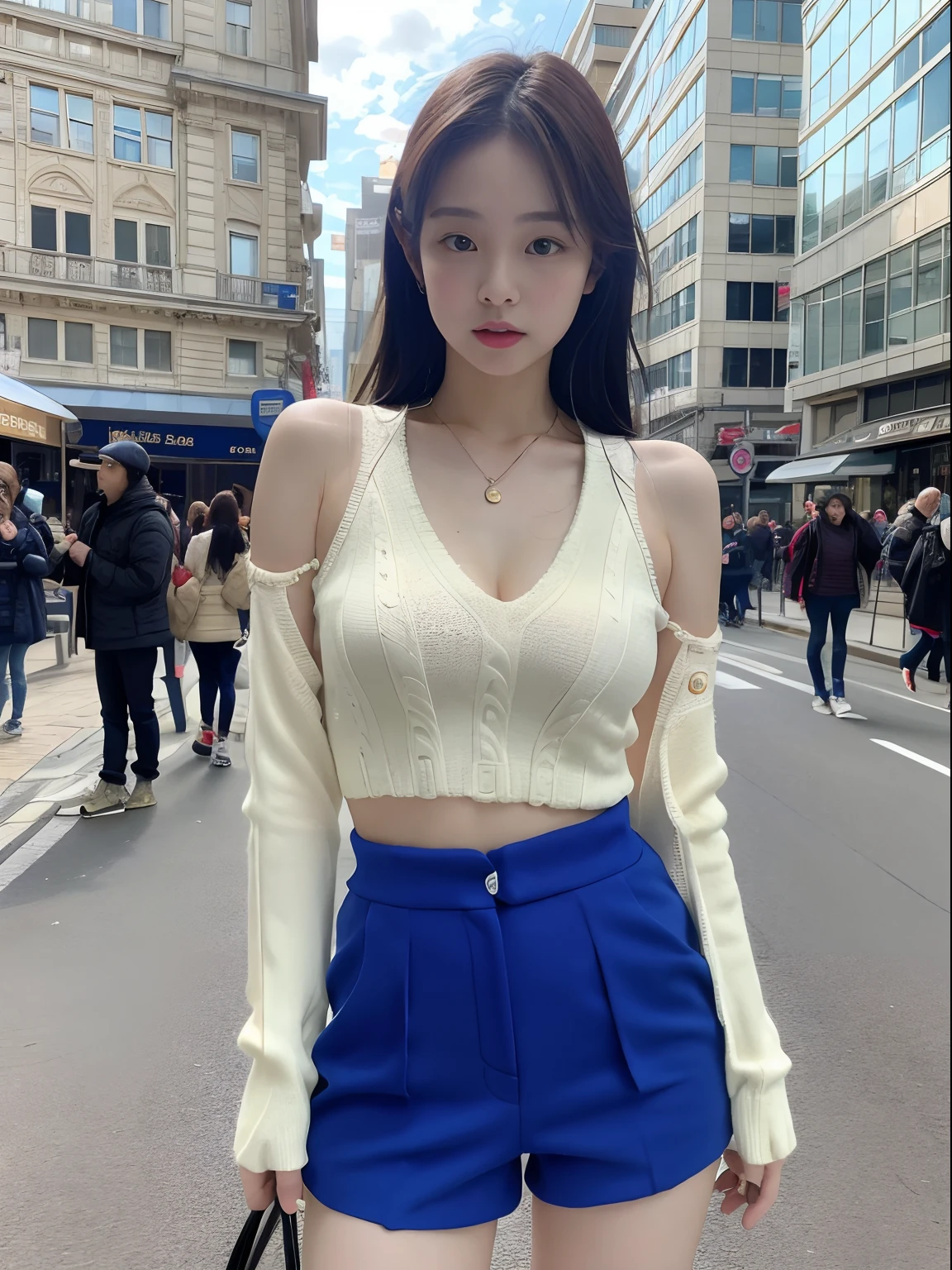 masterpiece, excellent, 真实感, Jenny wearing a sports sweater, shortpants, Open waist, bare shoulders, Small cleavage, Layered, long legged, Crowded streets in front of the station, HD, photo lighting, 16k