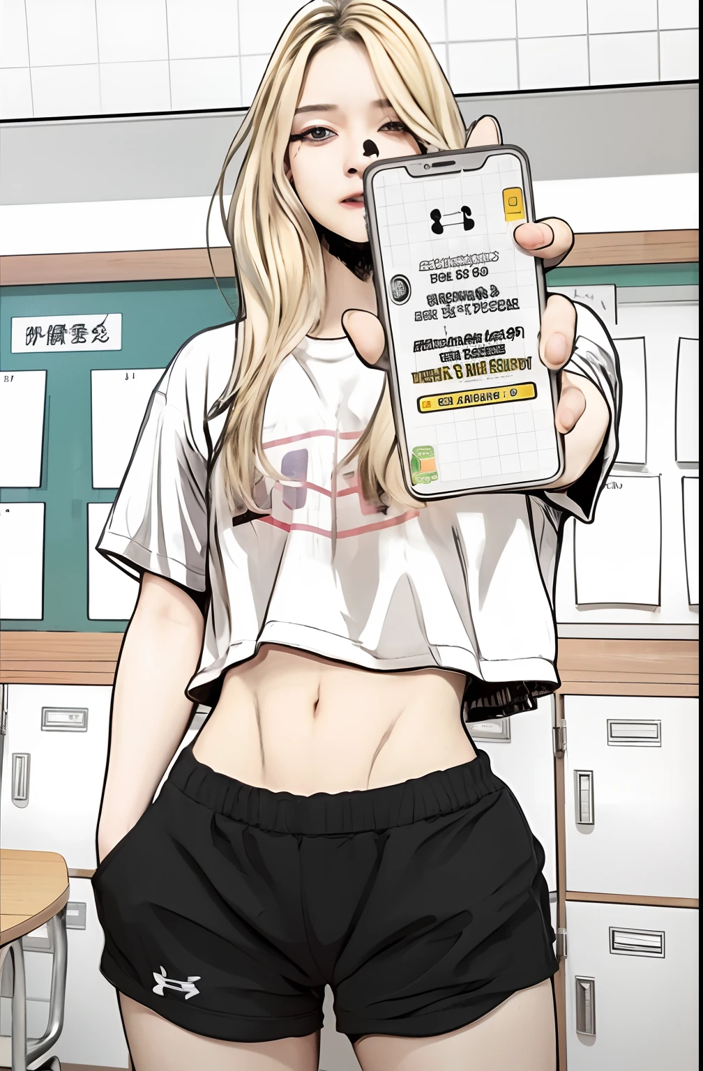 a woman , holding a cell phone, in a classroom, white skin, white t-shirt, black low pants, realistic, ultra detail, realistic skin, realistic eyes, ultra realistic, masterpiece, best image quality, photograpy, 8k, very detail,