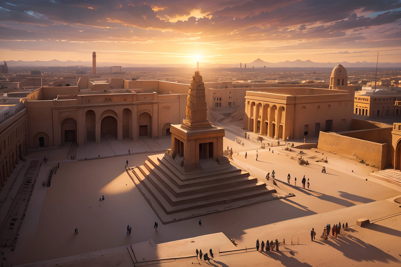 2.500 b.C., panoramic view, sunset, golden hour, Babylonian workers erecting a monument in a public square, clay floor, dust, 4K HDR