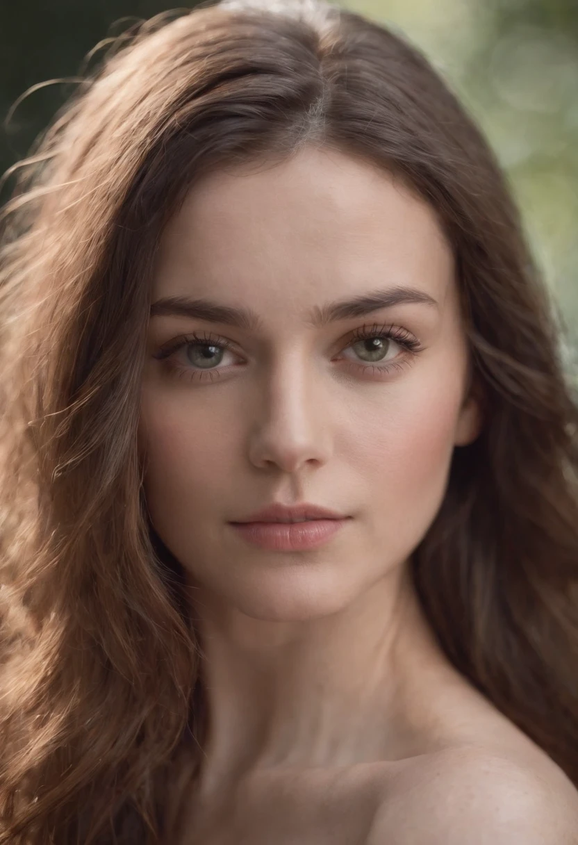Create a portrait of a 27 year old woman who is half naked with long hair but her right eye is hidden by half of her hair. The photo must be very realistic