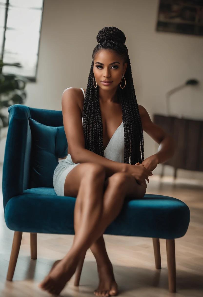 Mulher bonita, brown skin and long braid hair, roupa casual e sexy, olhos castanhos e corpo mediano, bonita linda e sensual de corpo inteiro dentro de uma sala de estar, cute feet