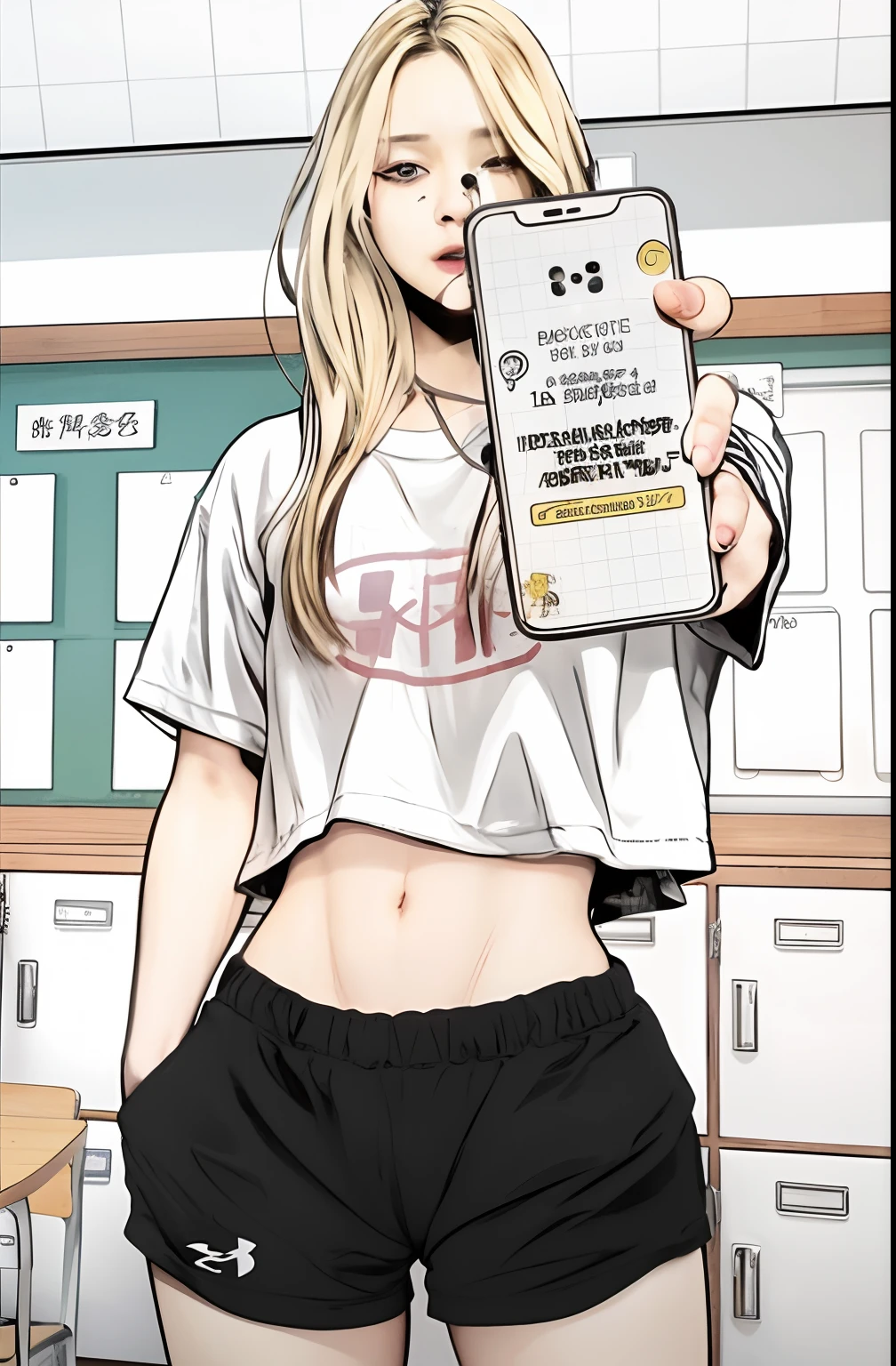 a woman , holding a cell phone, in a classroom, white skin, white t-shirt, black low pants, realistic, ultra detail, realistic skin, realistic eyes, ultra realistic, masterpiece, best image quality, photograpy, 8k, very detail,