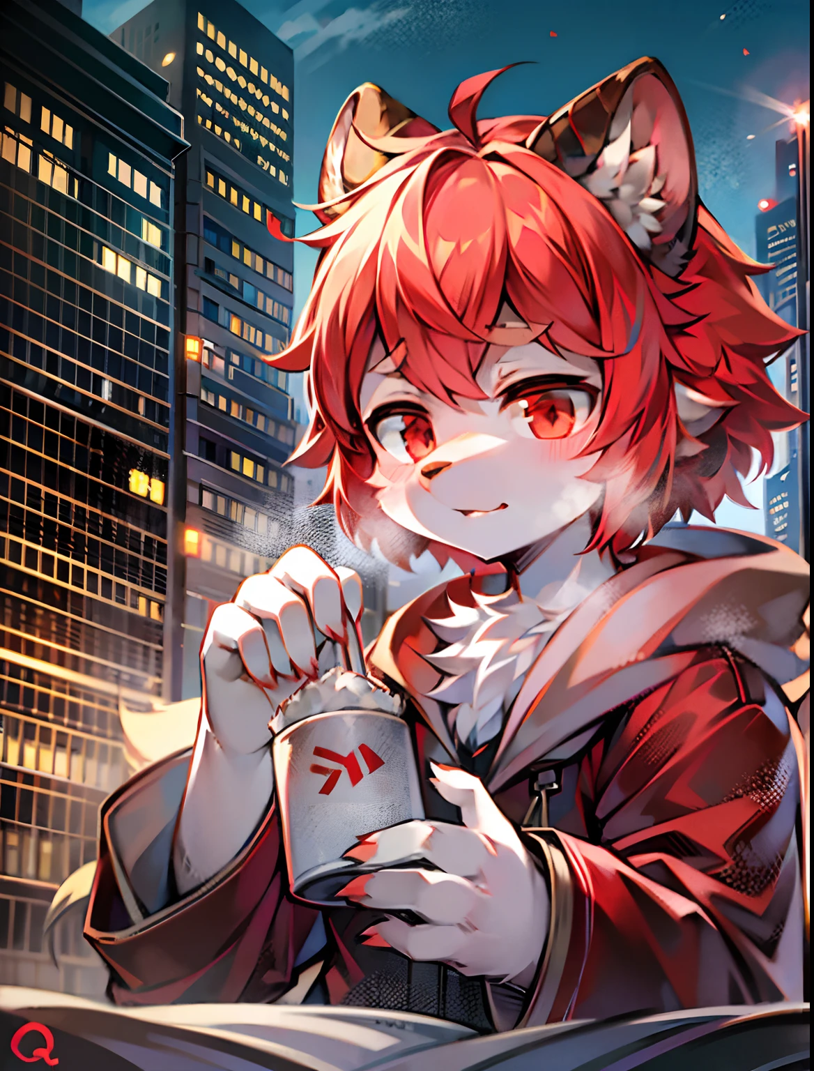 eyes with brightness,Bust photo of the character,Q version,头像框, Character focus,独奏, shaggy, Furry hamster, Male white powder fur, red color eyes, No hair,Little cute, Will sell moe,The city of the future,Luminescent technology set,High-rise roof,Future Style