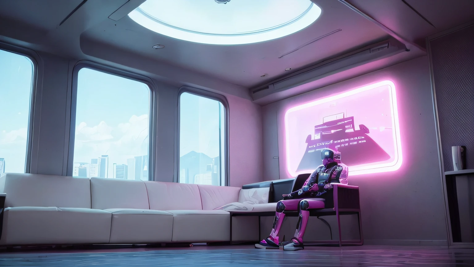 male , old photography filter, old photo, old camera. view from a balcony, male robot, 80s, Old 90s, 80s, futuristic 80s, White and Pink . a small empty room, with a male robot sitting on the sofa, white and blue. Technological details, futuristic. Music. Speakers. . a muscle robot. Alien structures, A robotic silhouette in the background, A distant robot man. music Alien structures,male , White and Pink , 8K, Realistic photo, male robot, deep color, fantastical, intricate detail, splash screen, complementary colors, 8k resolution trending on Artstation Unreal Engine 5" , retrowave. City, 1969 Nissan S30, wide body kit, Road, PURPLE NEON MONITOR LIGHT, Sun, Mountain, (Masterpiece, Detailed, A high resolution), male robot,