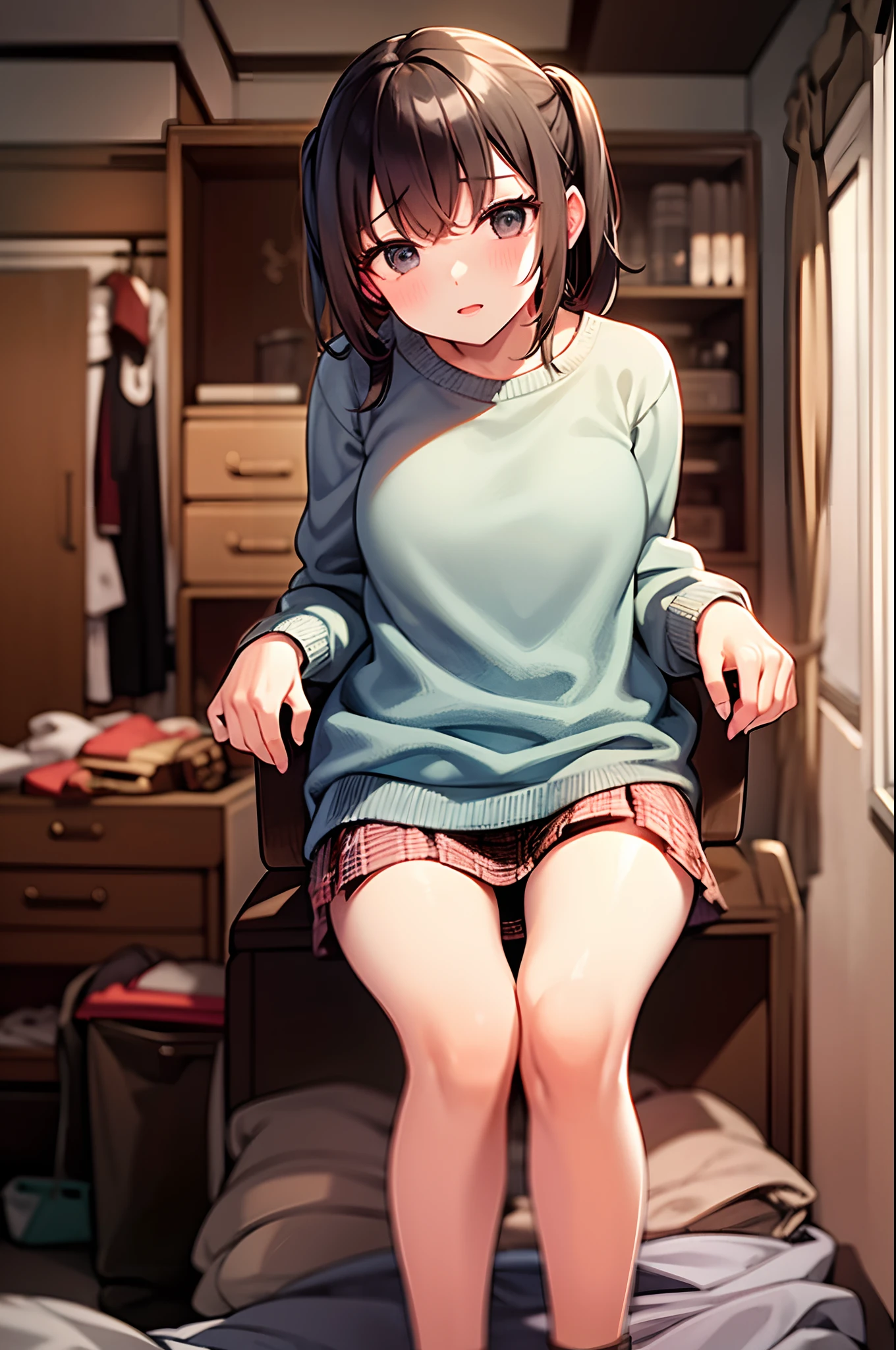 Great quality 8k super detail girl in mini skirt hoodie black black hair light blue eyes in room open legs  NSFW wet crotch full body