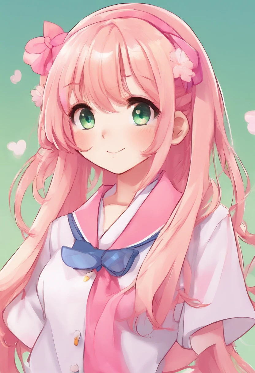 Girl with long blonde and pink hair, pink eyes, wearing a school uniform