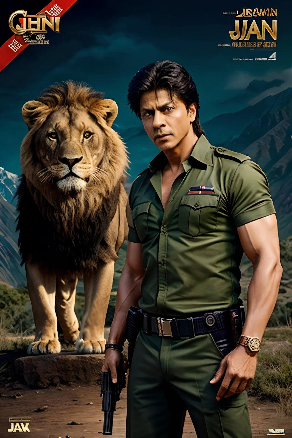 Shah Rukh khan , movie poster, Jawan, standing against a lion, with a gun in the hand