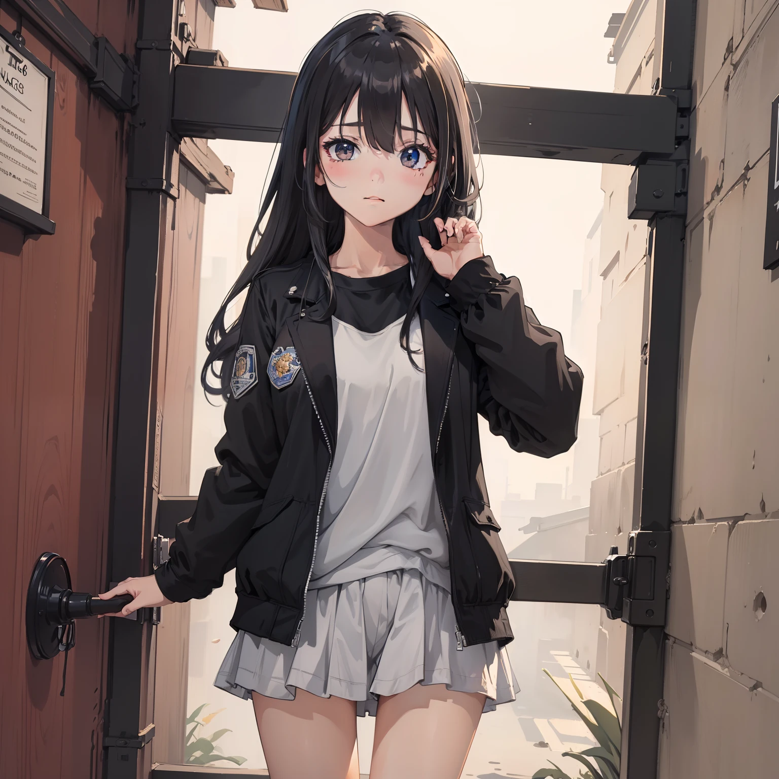 1girll,Masterpiece, (8K, Best quality, Masterpiece:1.2),Highly detailed,Ultra-detailed,masterclass,Best quality,illustration,Hair_between_Eyes,Perfect lighting, Cowboy shot, CV16,Black jacket