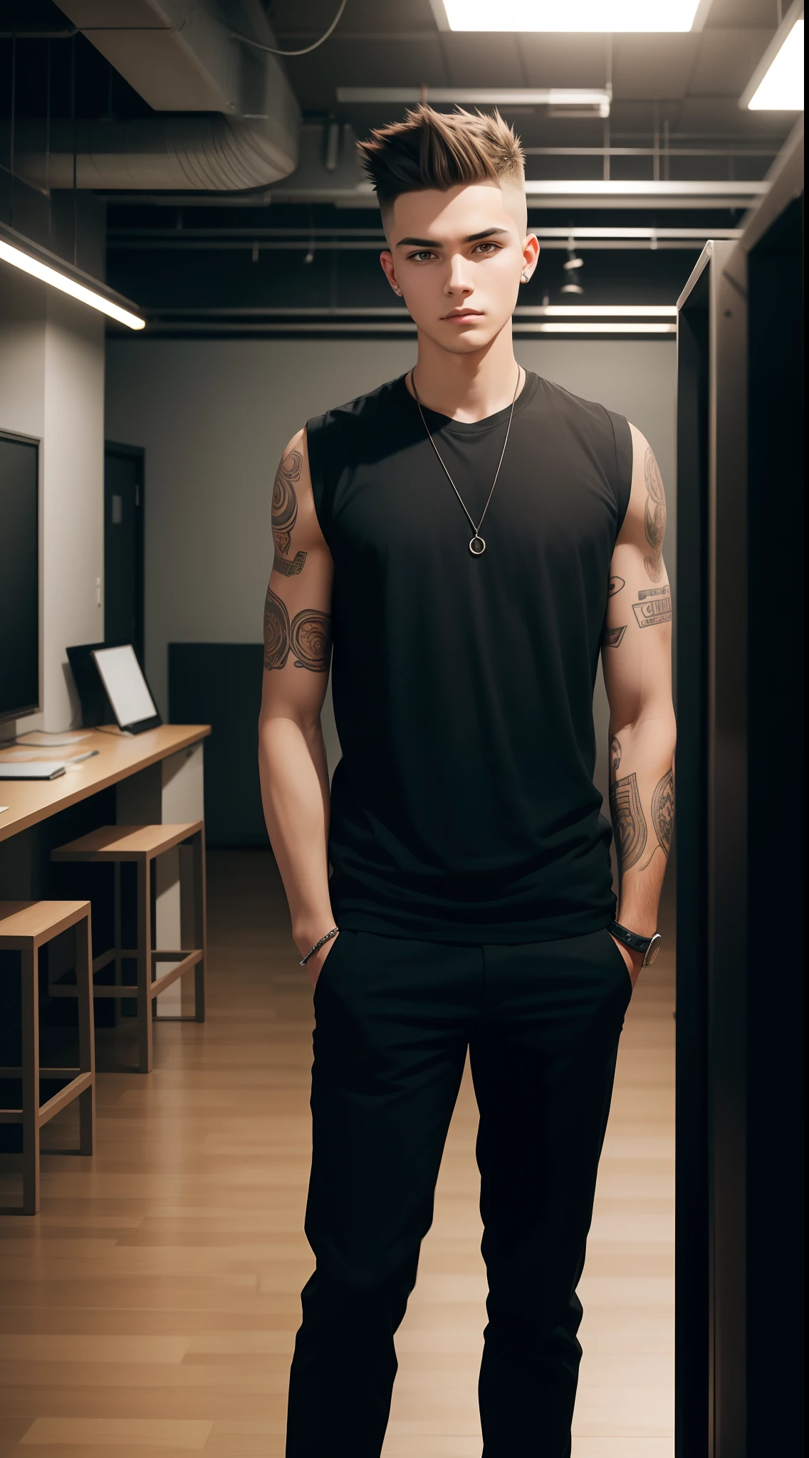 young man name urban legend with short spiky hair in Studio co seeing camera front siting alone show full body